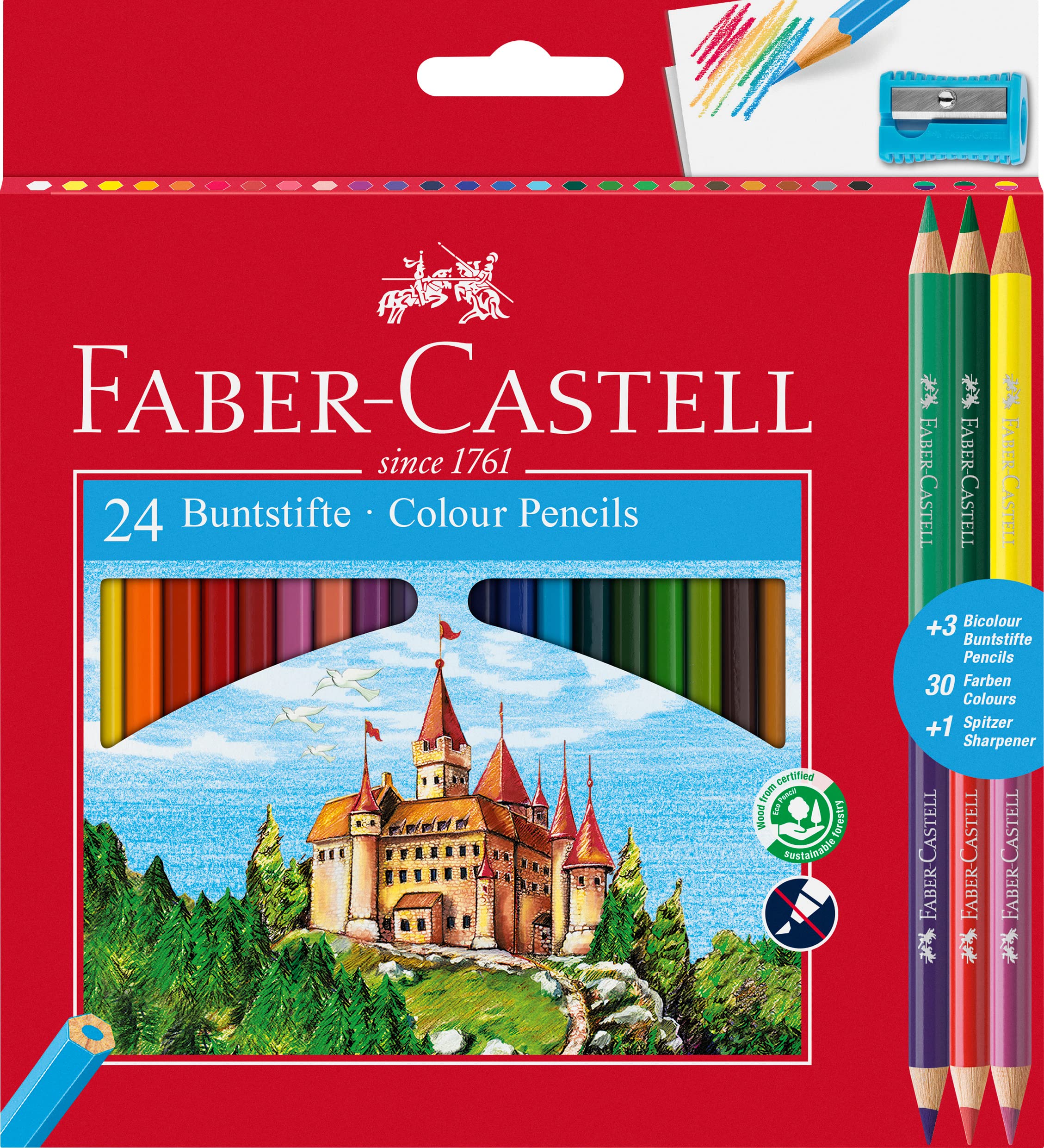 Faber-Castell 110324 Colour Pencil with 3 Bi-Colour Pencil/Sharpener (Pack of 24)