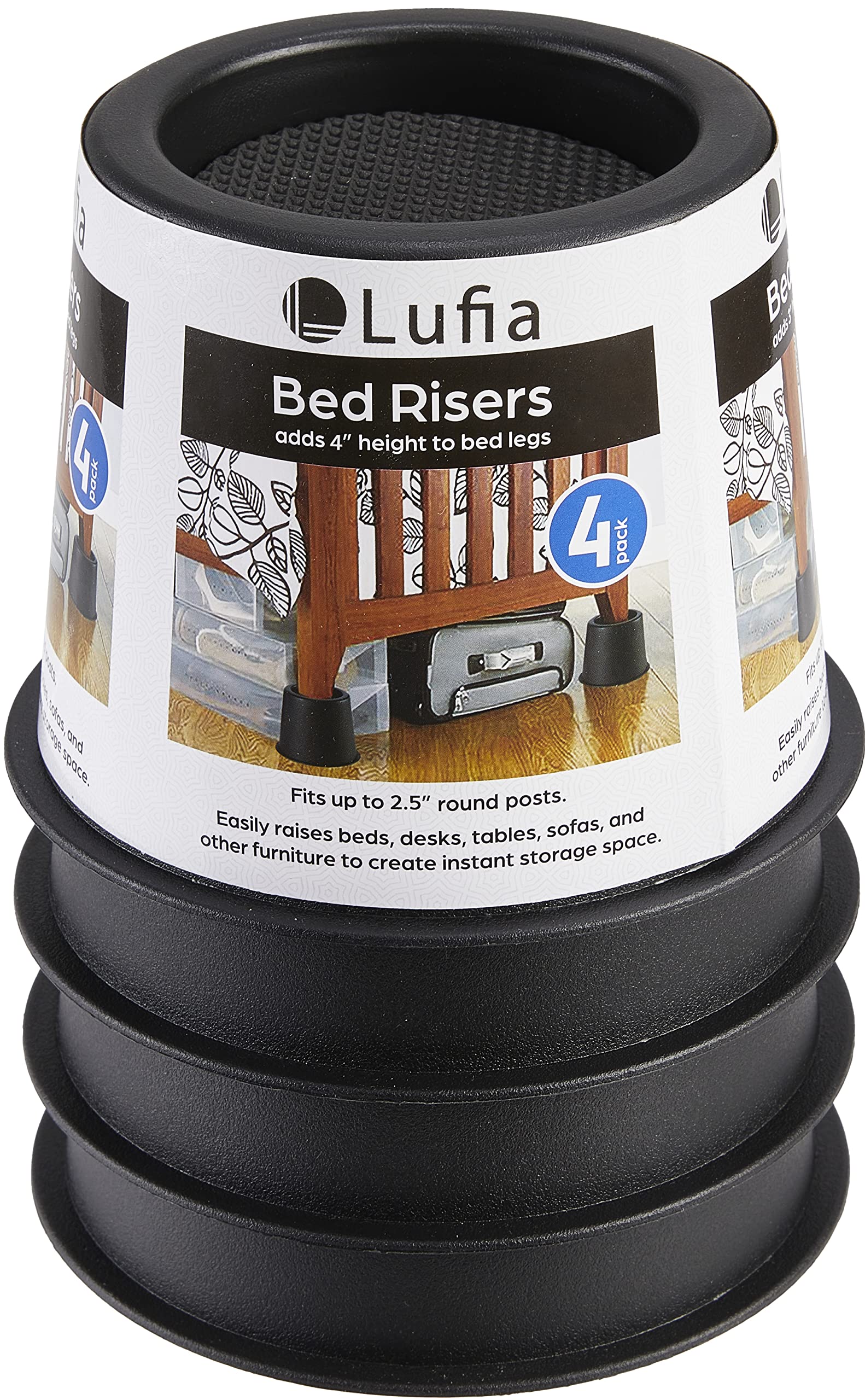 Lufia Bed Furniture Risers, 4 Inch Heavy Duty Furniture Bed Risers with Non-Slip Pad Ideal for Bed, Sofa, Table, Chair or Desk, Set of 4 Bed Lifts,Black