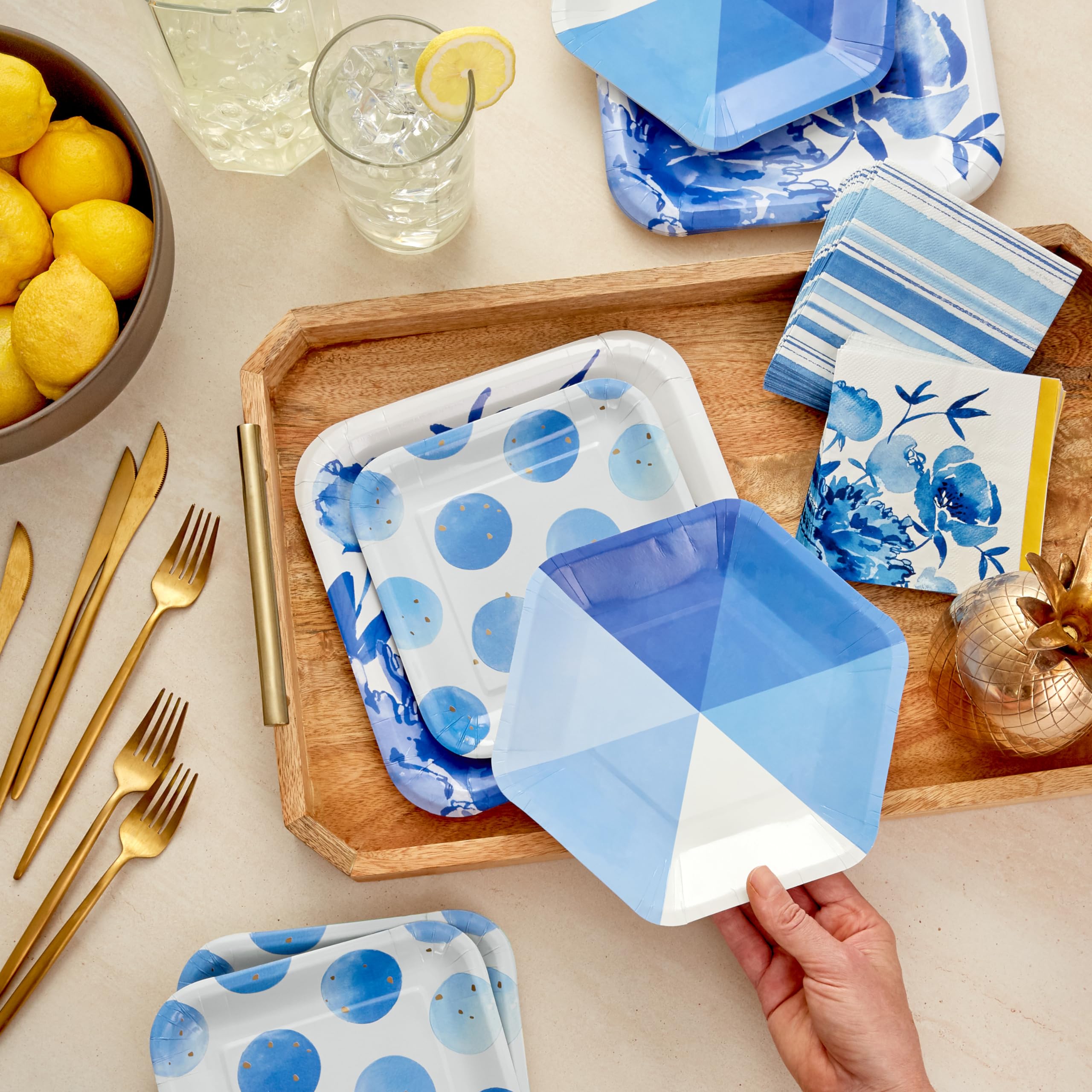 Hallmark Blue Floral Party Supplies (16 Square Dinner Plates, 8 Square Dessert Plates, 8 Hexagonal Dessert Plates, 32 Beverage Napkins) Flowers, Stripes, Polka Dots
