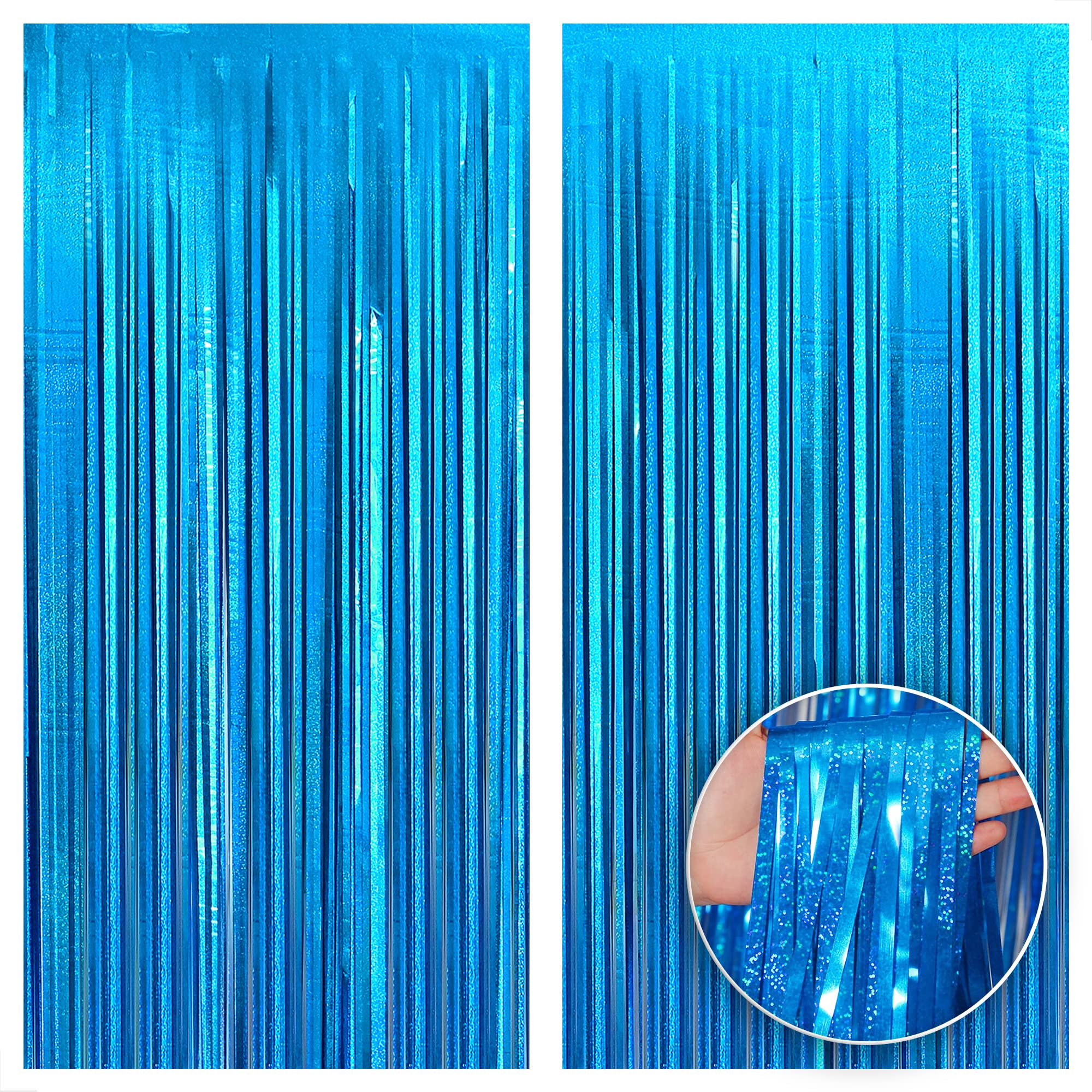 Katchon, Iridescent Blue Backdrop Curtain - 6.4x8 Feet, Pack of 2 | Iridescent Blue Streamers for Summer Party Decorations | Beach Party Decorations, Ocean Backdrop for Under The Sea Party Decorations