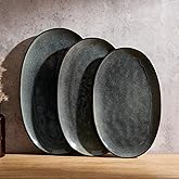 famiware Serving Platter, Oval 15.59/14.3/12.9 inch Serving Dishes for Entertaining, Serving Bowls, Dishwasher Safe, Fine Stonware Serving Trays for Party, Turkey, Cheese, Reactive Glaze, Deep Forest