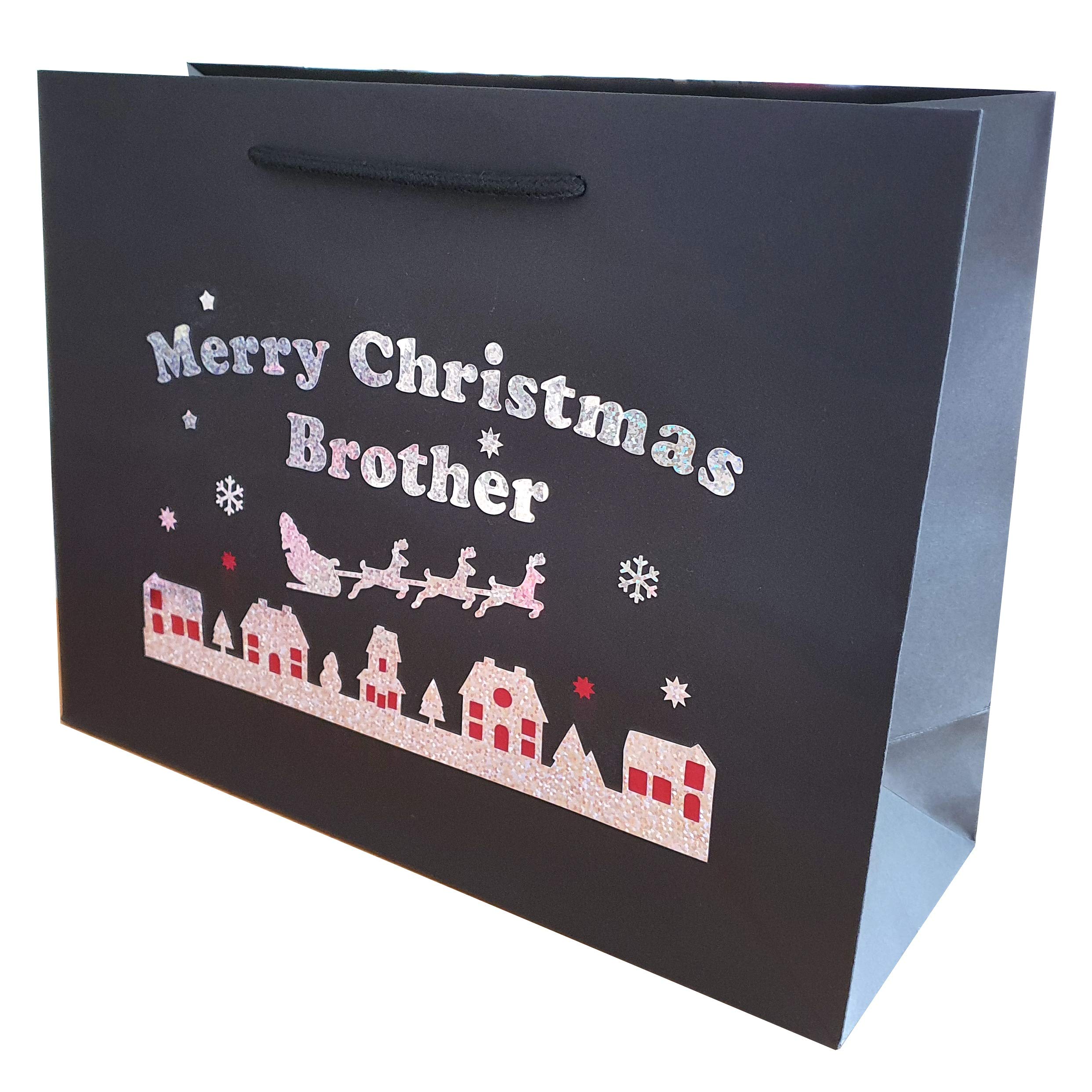 Large Brother Christmas Holographic Gift Bags Wrap with Santa and Sleigh