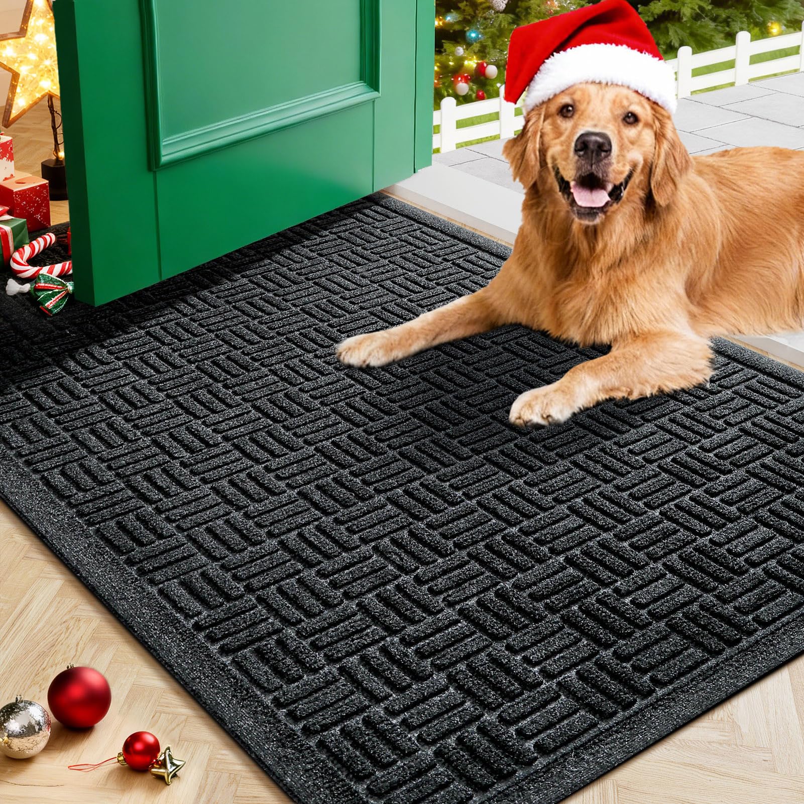 Mibao Front Door Mat Indoor Outdoor Entrance, Dirt Trapping Waterproof All-Season, All-Weather Doormat, Non-Slip Durable Natural Rubber Low Profile Easy Clean Patio Entrance Mat, 36" x 24", Black Image