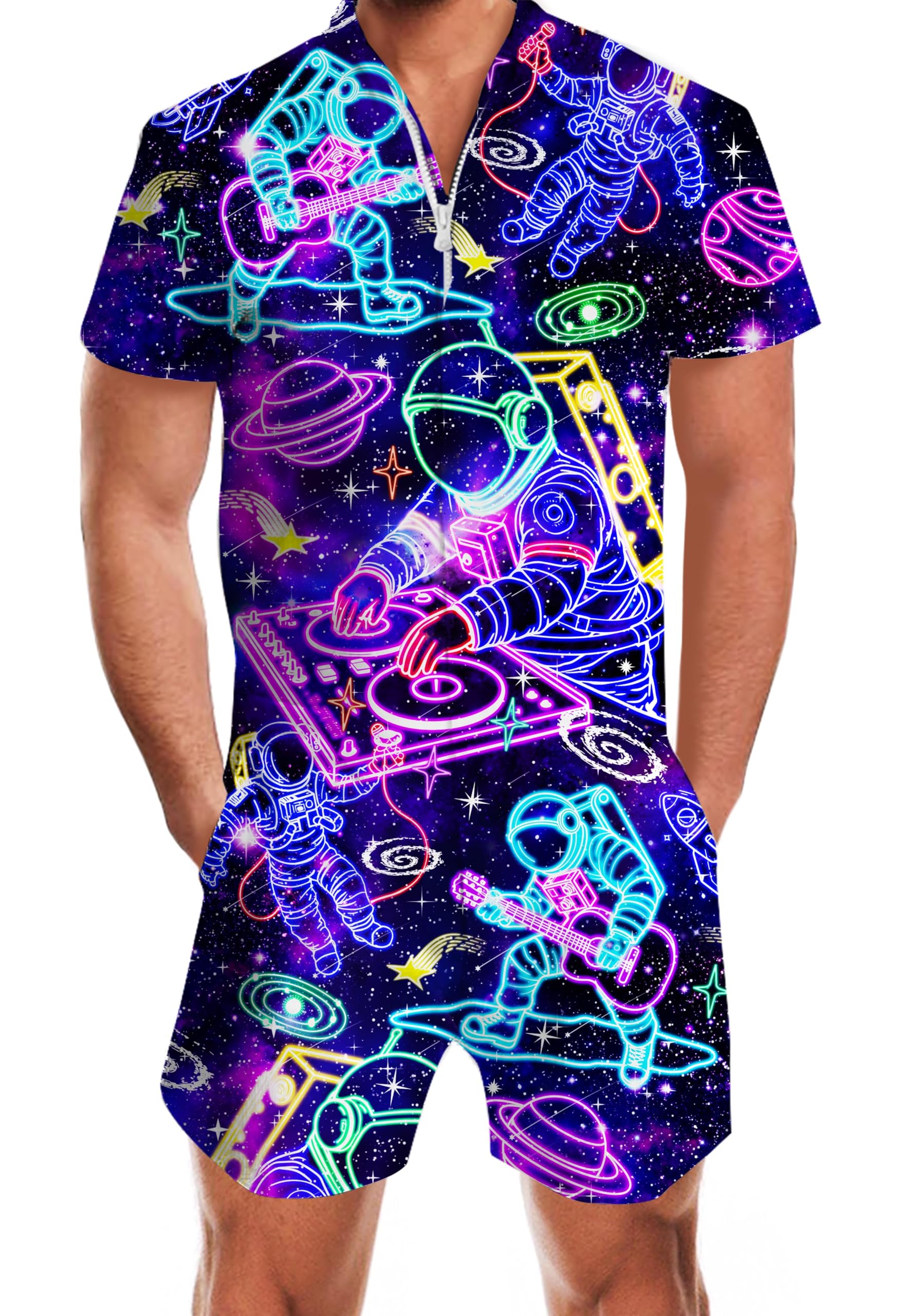 Photo 1 of Goodstoworld Man Romper Adult Mens Neon Overalls Jumper Bro Guys Astronaut Disco Jumpsuit Funny Pant Male One Piece Purple Galaxy Rave Novelty Outfits Shirt Slim Fit with Pocket