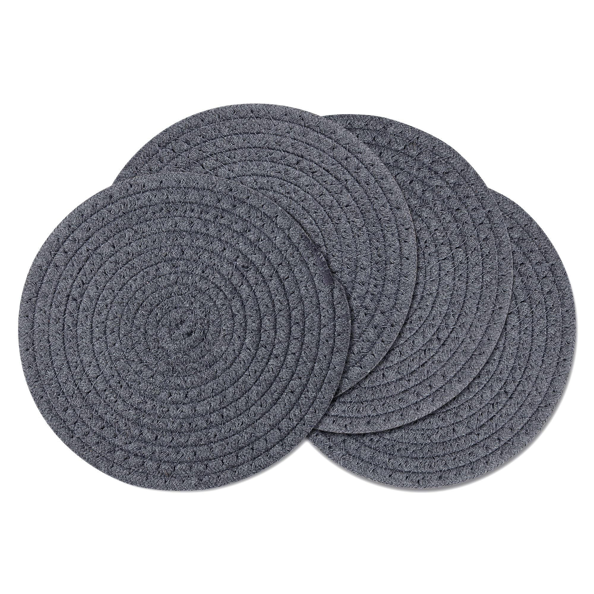 fanquare Set of 4 Round Placemats, Cotton Woven Placemats, Non-slip Washable Heat Resistant Table Mats Coaster Dinner Table Kitchen(Dark Grey, 30cm)