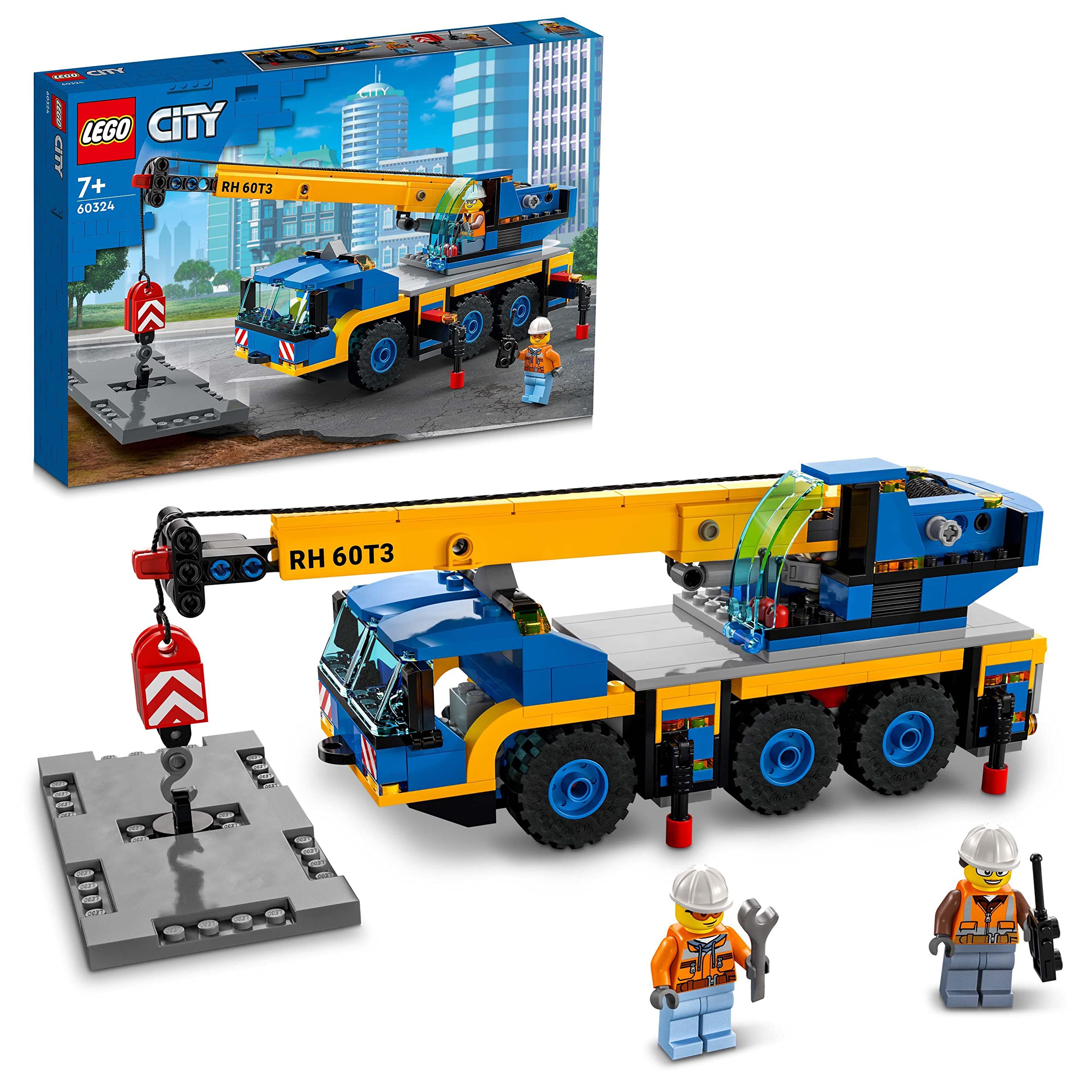 LEGO City Mobile Crane 60324 Building Kit; Toy Construction Vehicle with Working Boom, Outriggers and Winch System; Includes Driver and Worker Minifigures; For Boys and Girls Aged 7+ (340 Pieces)