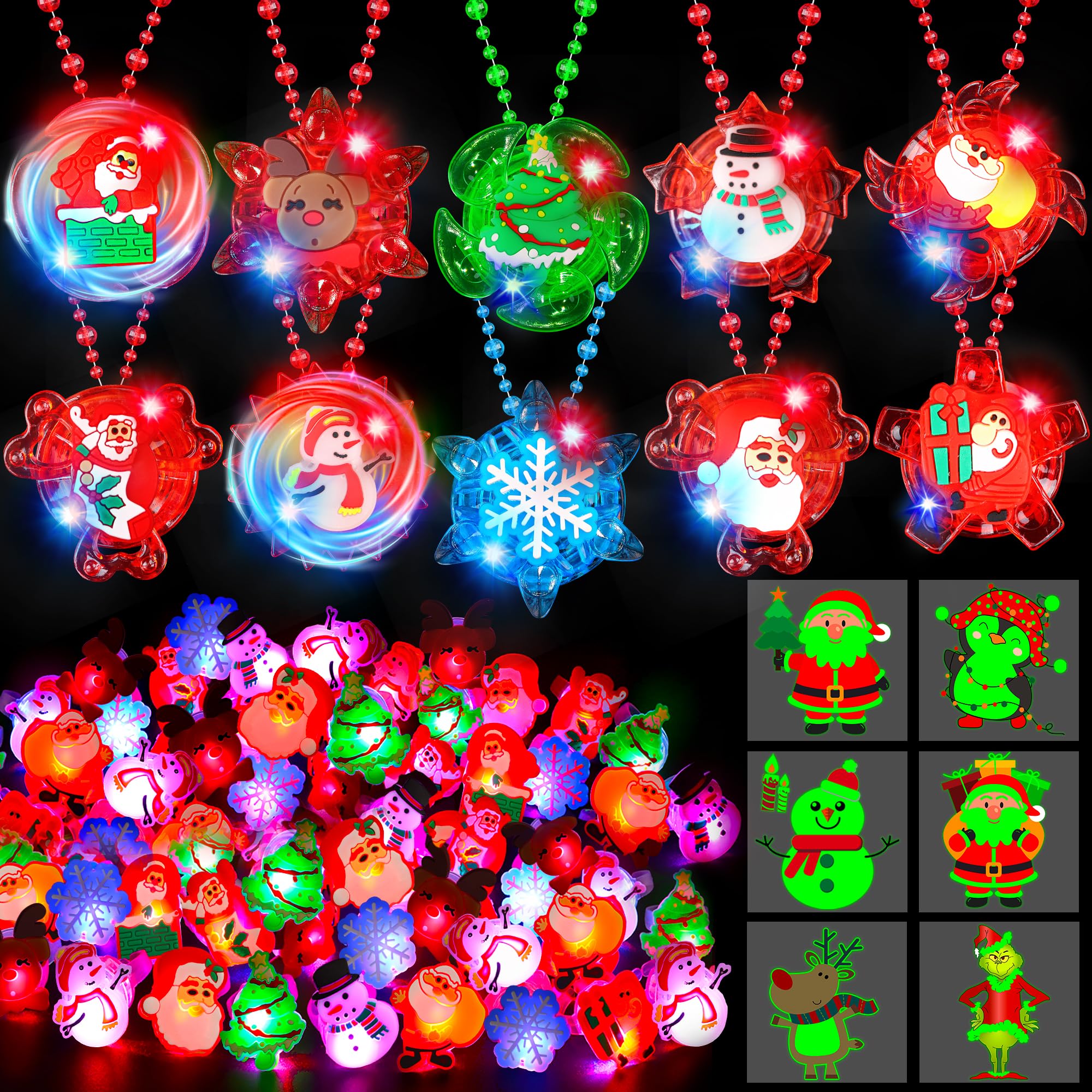 View 1 of 100PCS Christmas Party Favors Bulk Glow in The Dark Party Supplies LED Christmas Toys Bulk Light Up Necklace Bracelet Rings Xmas Toy Gifts for Stocking Stuffers Holiday Favors Classroom Rewards Prizes