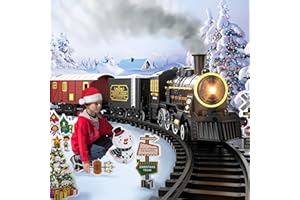 LOCOMOTO Electric Train Set with Steam Engine Locomotive, Carriages, Cars and Tracks, Train Sets for Boys 4-7, Kids Battery Operated Train Toys with Smoke, Sound and Light, Toddler Toy Train for Christmas Tree