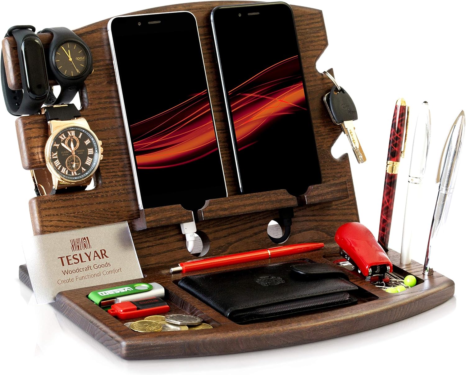 TESLYAR Double Docking Station Natural Ash Wood Phone Key Holder Wallet Watch Stand Watch