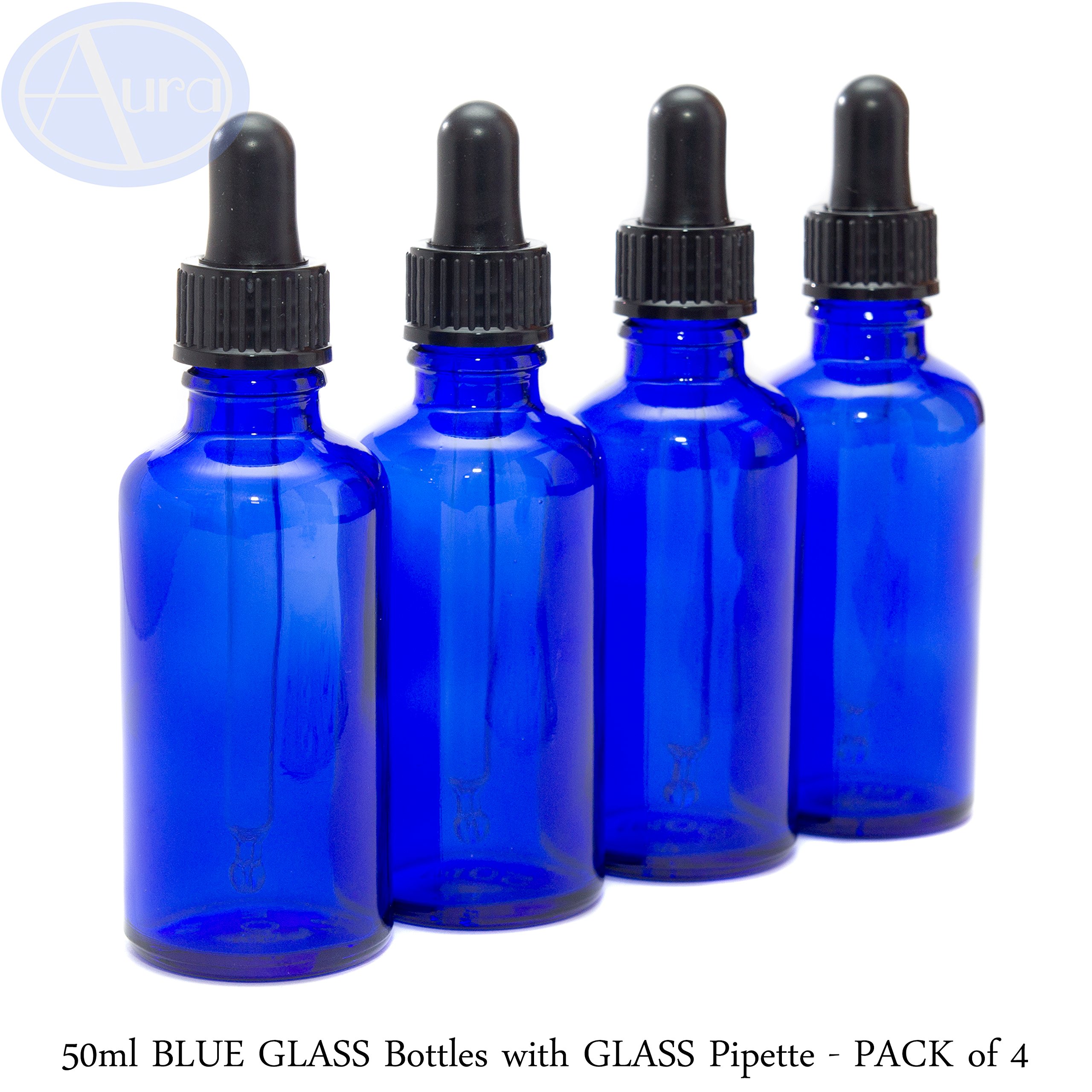 Aura 50ml Blue Glass Bottles with Glass Pipettes - Pack of 4