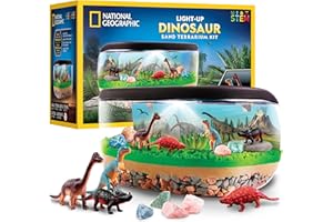 BLUE MARBLE National Geographic Light-Up Dinosaur Terrarium Kit for Kids – Build a Prehistoric Habitat with Play Sand, Real Gemstones & Dino Figures, Science Activity Kit for Boys & Girls