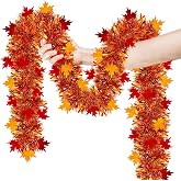 50FT Fall Maple Leaves Tinsel Garland,Fall Thanksgiving Decorations | Shiny Metallic Twist Fall Garland for Autumn Harvest Home Tree Mantle Indoor Outdoor Fall Party Decorations