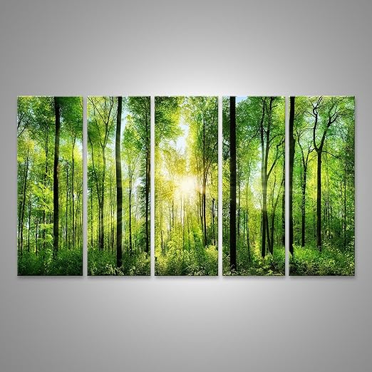 title=Quadro moderno Verde Bosco Con Alberi E La Luce Del Sole Stampa su tela- Quadro