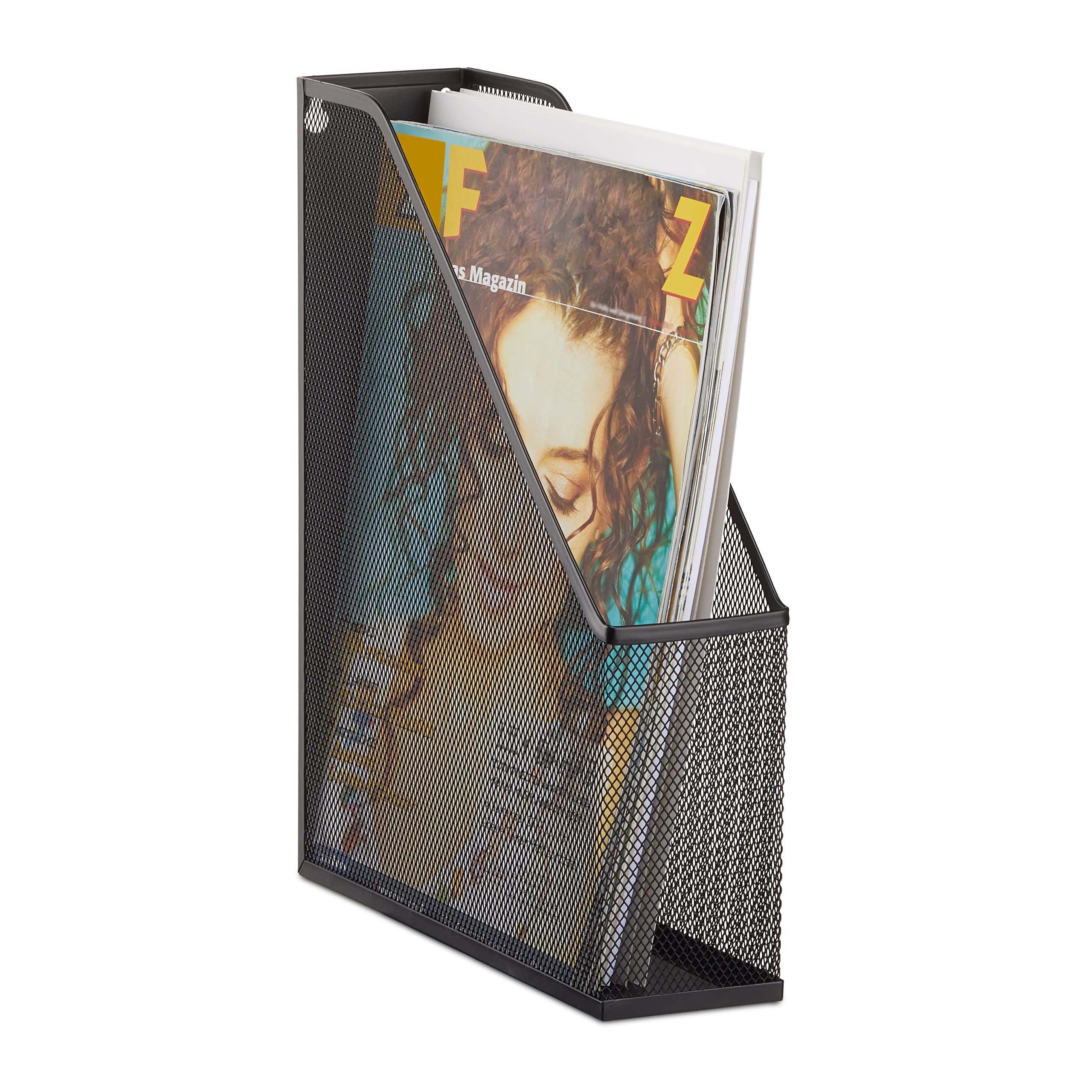 Relaxdays A4 Metal Mesh File Holder, Standing Magazine Rack, Eyelets for Mounting, Document Organiser, Black