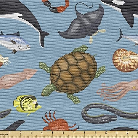 Amazon Ambesonne カメ生地 ヤード単位 海の動物のイラスト 水中生き物 漫画スタイルデザイン 装飾生地 室内装飾やホームアクセント用 1ヤード ブルーグレー テーブルクロス オンライン通販
