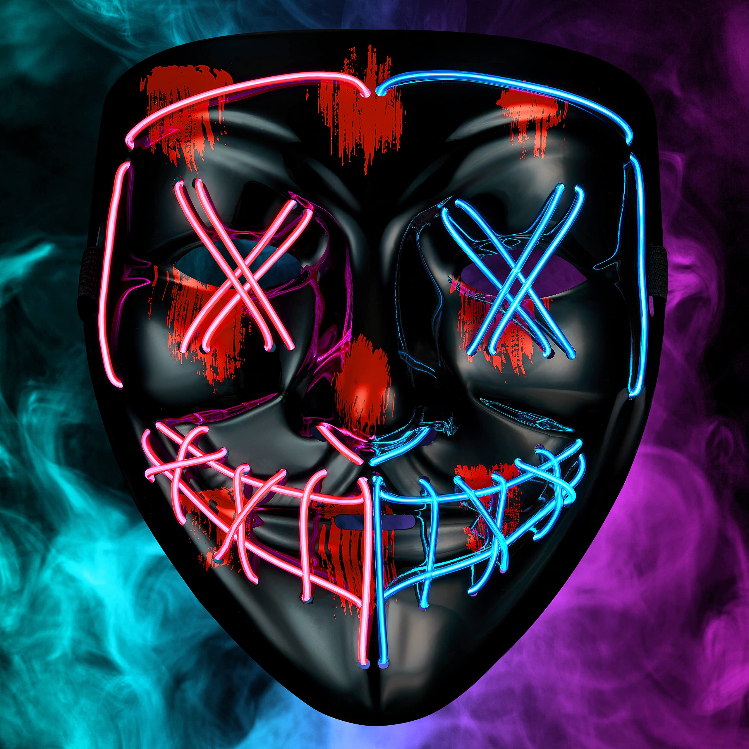 Balinco LED mask 2-coloured red/blue with 3 light modes - perfect for techno DJ | Halloween | cosplay | carnival | scary mask | neon mask | as addition to horror costume