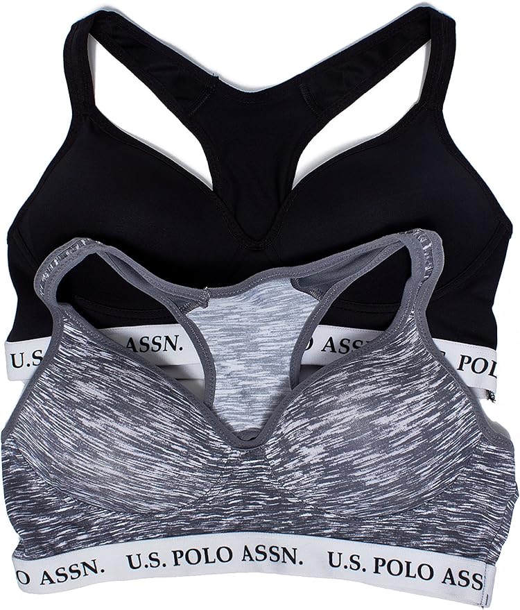 US Polo Assn. Womens 2 Pack Wireless Pullover Racerback Sports Bra Grey