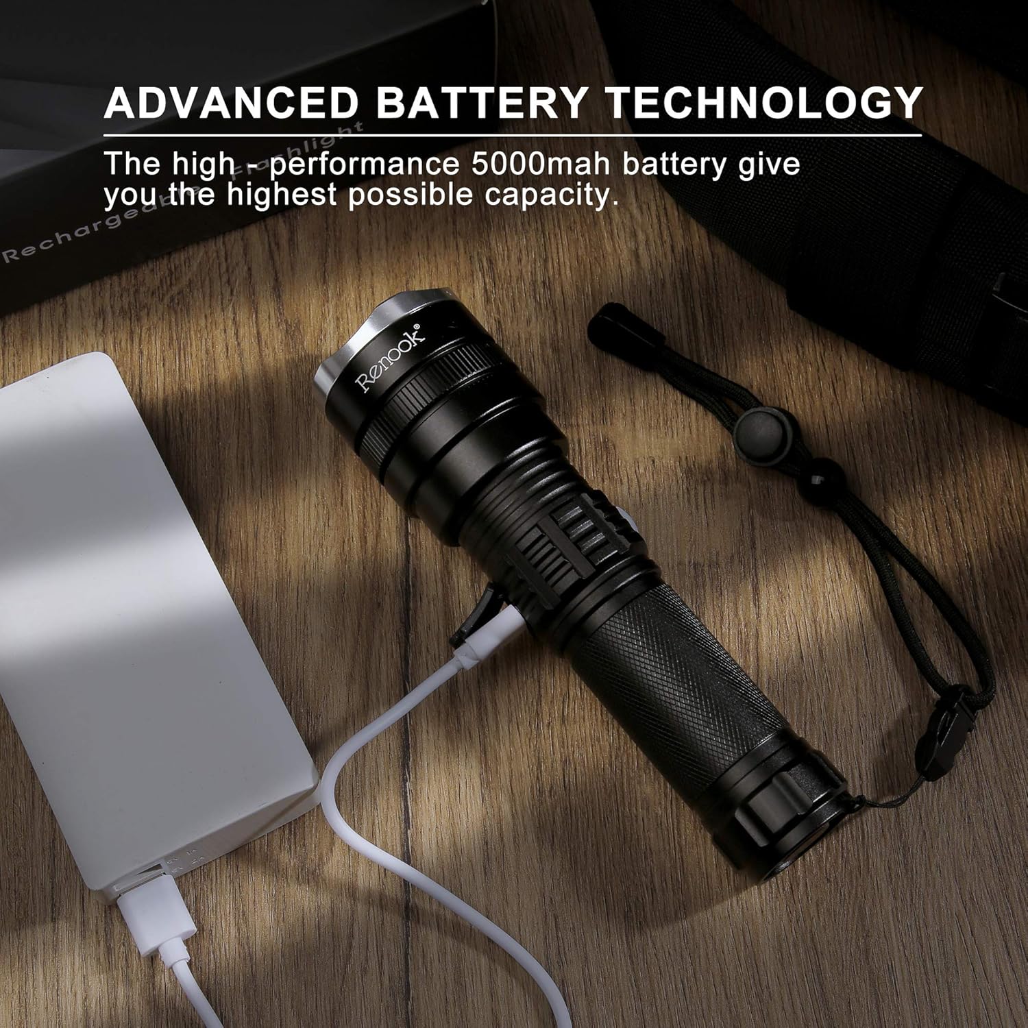 RENOOK Rechargeable Flashlight, 1200 High Lumens Professional Tactical Flashlight, 26650 5000 mAh battery included, for Hiking, Camping, and Hunting. - - 