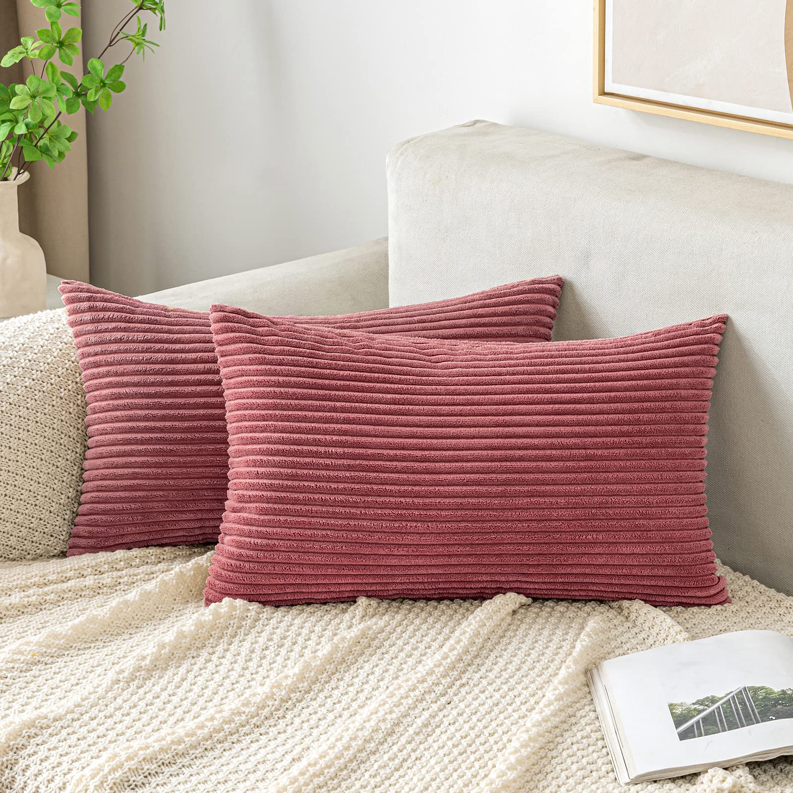 EMEMA Cushion Covers Corduroy Oblong Throw Pillow Covers Striped Soft Sham Home for Sofa Couch Bedroom Decorative Pillowcases 12x20 Inch 30x50cm Set of 2 Jam