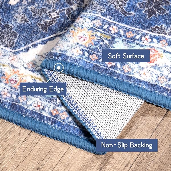 YESRUG 5X7 AREA RUGS BLUE BOHO RUGS FOR LIVING ROOM WASHABLE VINTAGE RUG NON-SLIP LARGE RUG FOR BEDROOM DINING ROOM LOW PILE INDOOR DISTRESSED THIN CARPET