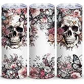 Funny 20oz Skinny Tumbler Gift for Women Unique Party Cup Gothic Skeleton Ghost Flower Skull Insulated 18/8 Stainless Steel Coffee Mug With Lid
