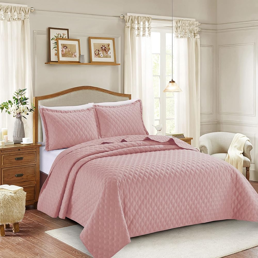 Prime Linens 3 Piece Inspiration Quilted Bedspread Set Pink Double