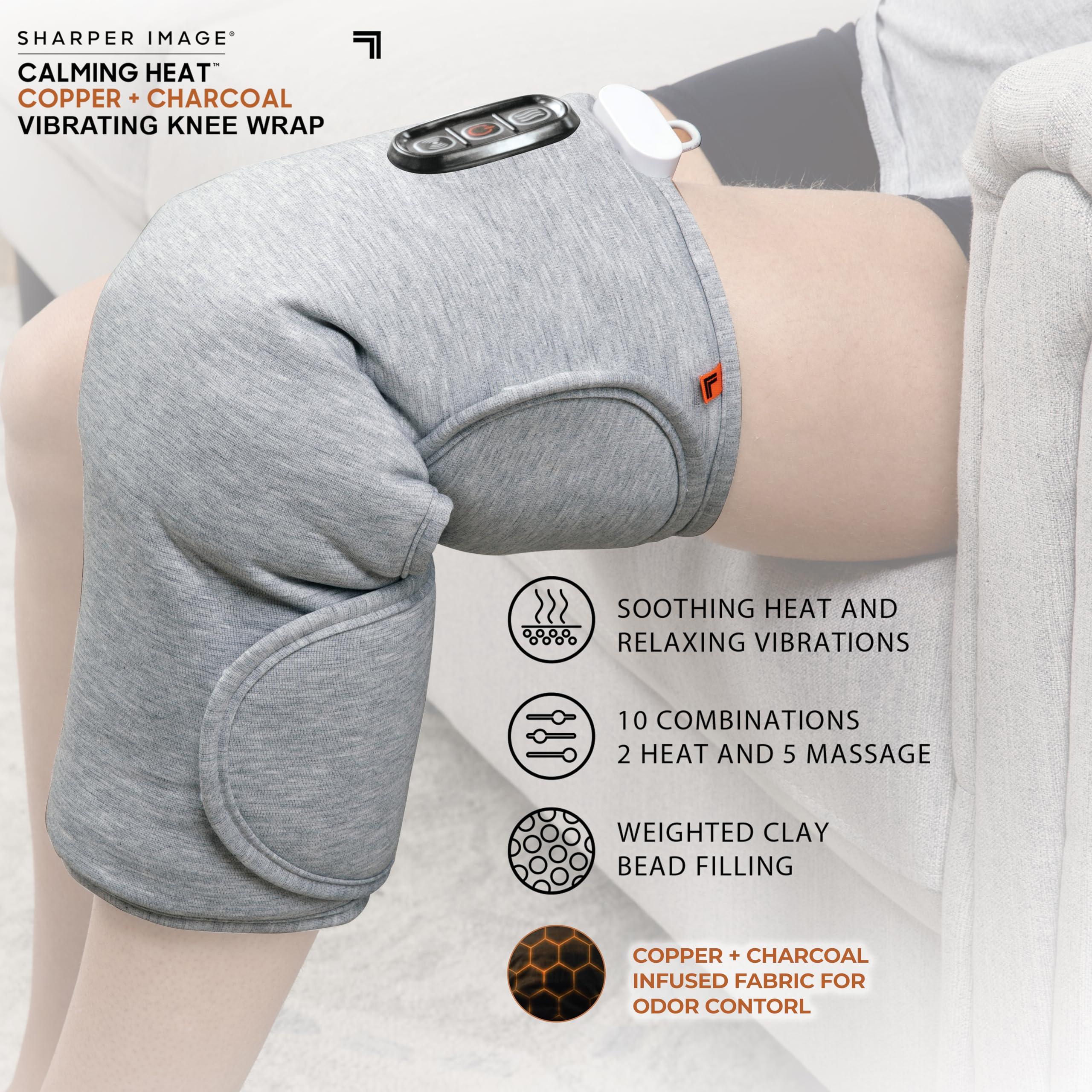 Calming Heat Knee Wrap by Sharper Image Personal Electric Heating Pad with Copper & Charcoal; Vibrations, 2 Heat & 5 Vibrating Massage Settings for 10 Relaxing Combinations
