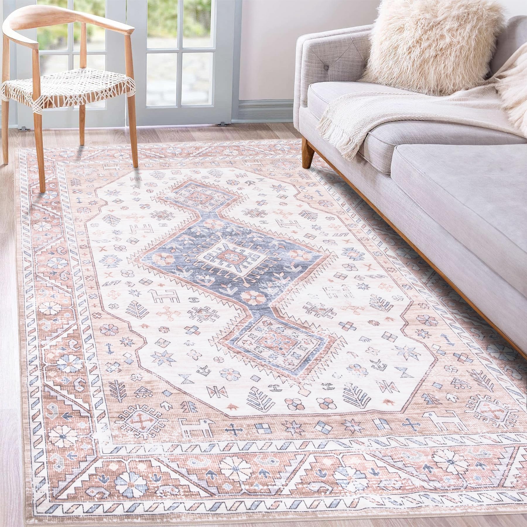 Photo 1 of Amerner Washable Area Rug 5x7, Vintage Boho Non Slip Living Room Rug, Soft Faux Wool Foldable Carpet Nursery Rugs for Bedroom Dining Room Kids Playroom Home Office, Cream Brown