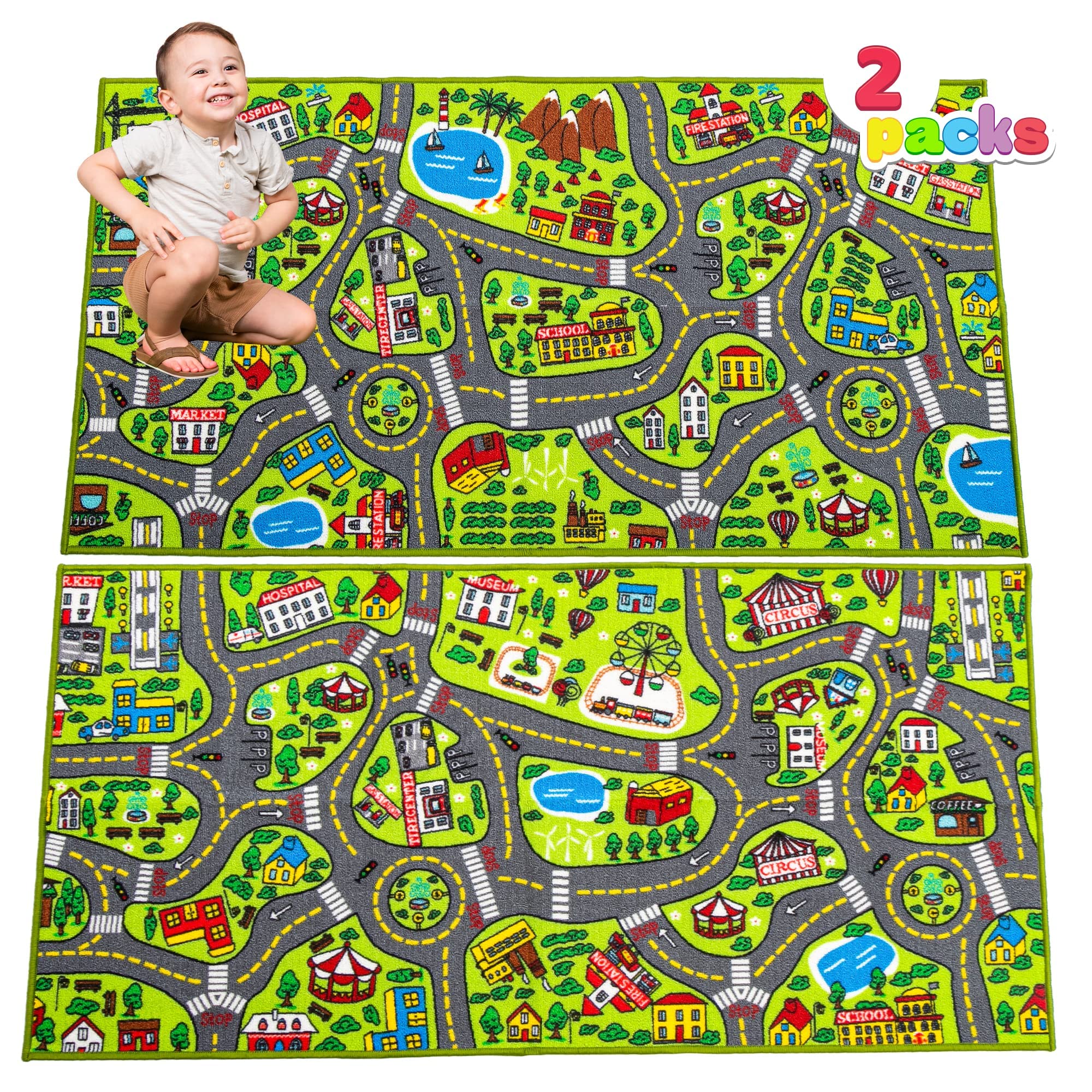 JOYIN 2 Pack Kids City Town Rug (150x80cm), Car Play Carpet, Road Rug for Toddlers, Educational Role-Play Toy and Gift for Kids, Interactive Floor Mat for Bedroom & Playroom, Toy for Boys and Girls