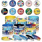 60 Pcs Autism Awareness Accessories Bulk Include 30 Puzzle Pieces Bracelet Silicone Wristband and 30 Button Badges Pins Special Autism Education for Adult Teens Motivational Party Supplies (blue)