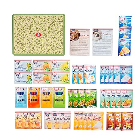 Dr. Oetker Backzutaten-Set mit Back-Box, Vintage-Edition Keksdose Immergrün, 16-teilig mit Rezeptideen