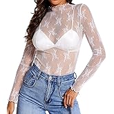 MOHHOM Womens Lace Long Sleeve Mesh Top Mock Neck Sheer Blouse See Through Floral Layering Shirt