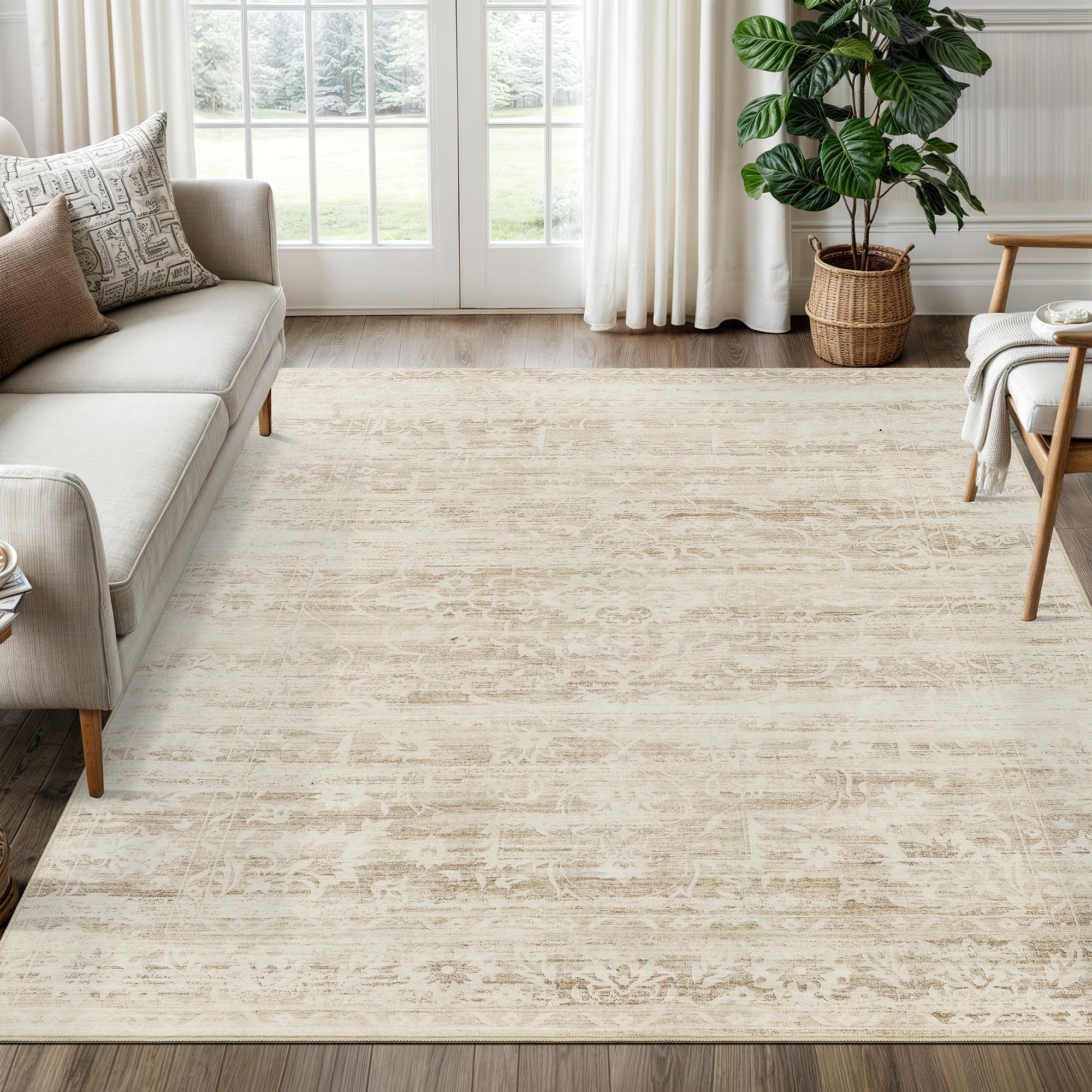 Photo 1 of Soalmost 6x9 Area Rugs for Living Room, Stain Resistant Neutral Washable Rugs for Dining Room, Floral Vintage Non-Slip Thin Area Rug Farmhouse Rug Beige Ivory