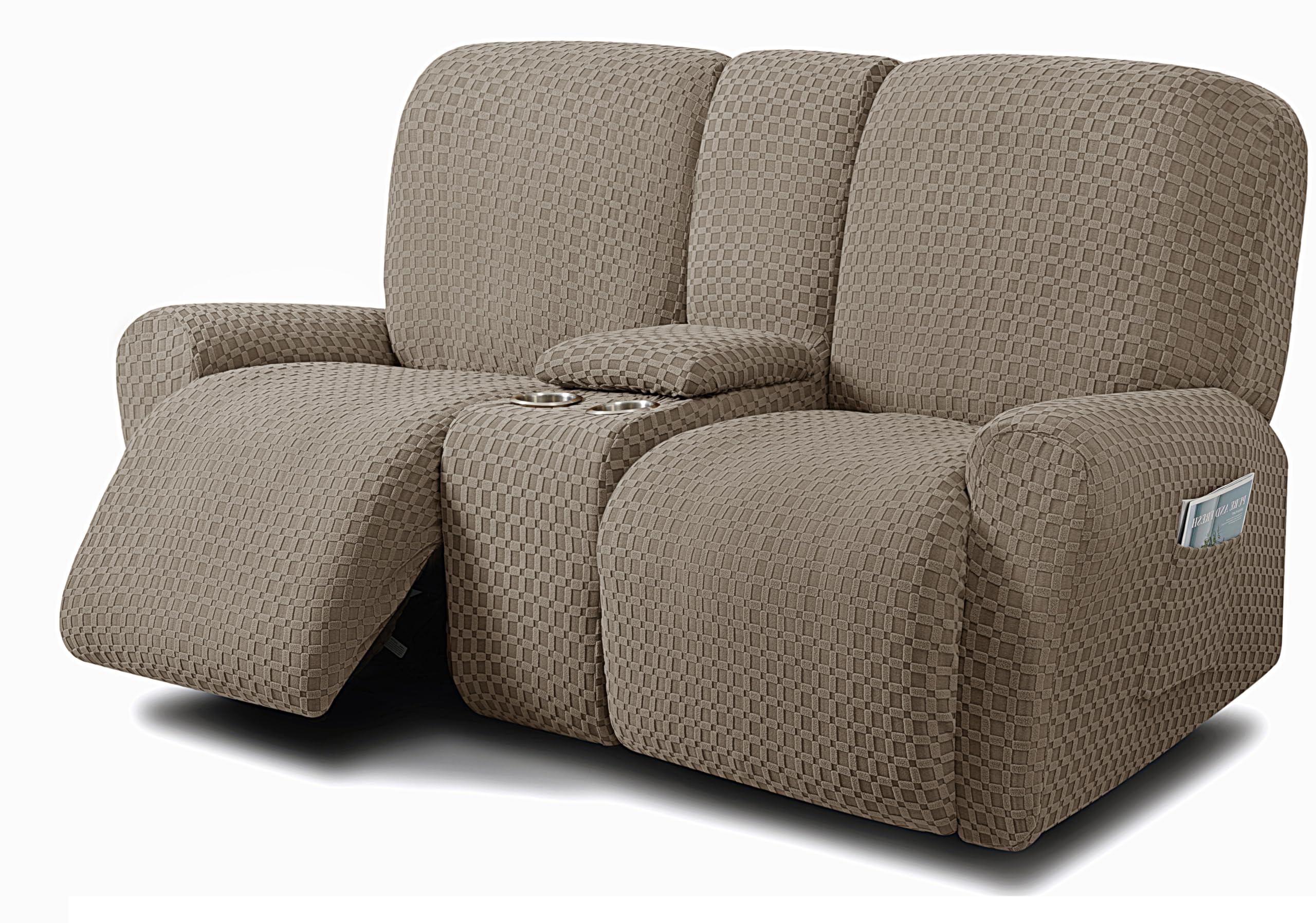 Photo 1 of ULTICOR Reclining Love Seat with Middle Console Slipcover, 8-Piece Jacquared Stretch Loveseat Reclining Sofa Covers, 2 seat Loveseat Recliner Cover, Thick, Soft, Washable, (Style 2) (Taupe)