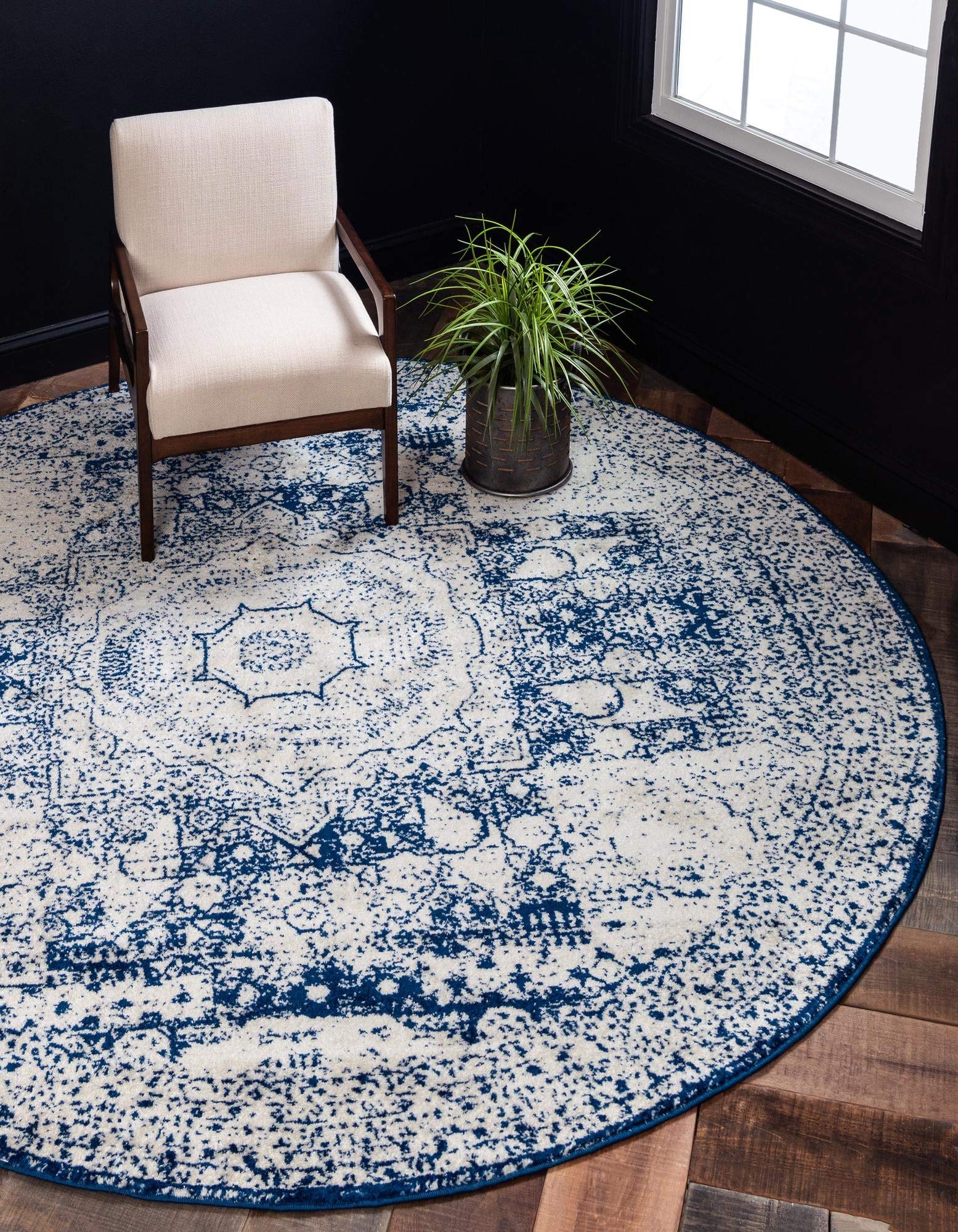 Rugs.com Dover Collection Rug – 3 Ft Round Navy Blue Low-Pile Rug Perfect for Kitchens, Dining Rooms