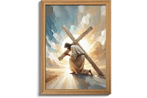 3D Textured Jesus Wall Art, Christian Jesus Carrying Cross Decor Painting, Scripture Religion Artwork Pictures for Church Liv