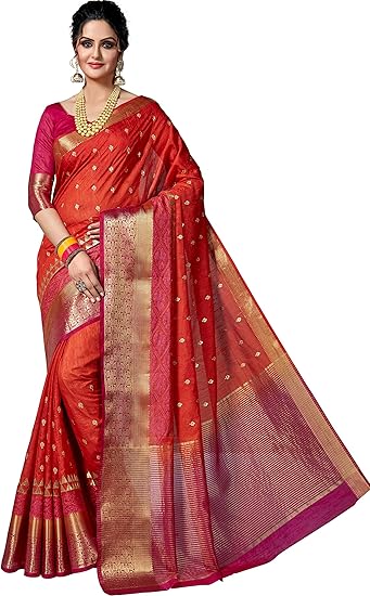Womens Art Silk Embroidered Work Saree (ST-RL-1012-B;Orange and Dark Pink)
