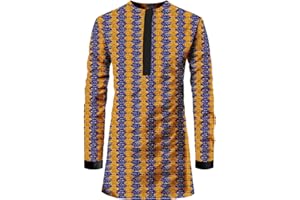 ATLYCOLOR African Mens Shirt Slim Fit Traditional Long Sleeve Dashiki Print Cotton Wax Cloth Top