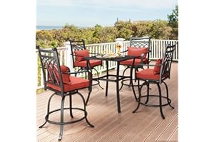 YITAHOME Patio Bar Set 5 Piece, 32" Square Patio Bar Table (Umbrella Hole and Rhombus Back) and Outdoor Bar Stools Set of 4, Metal Patio Furniture Set Ideal for Lawn Garden Porch, Red