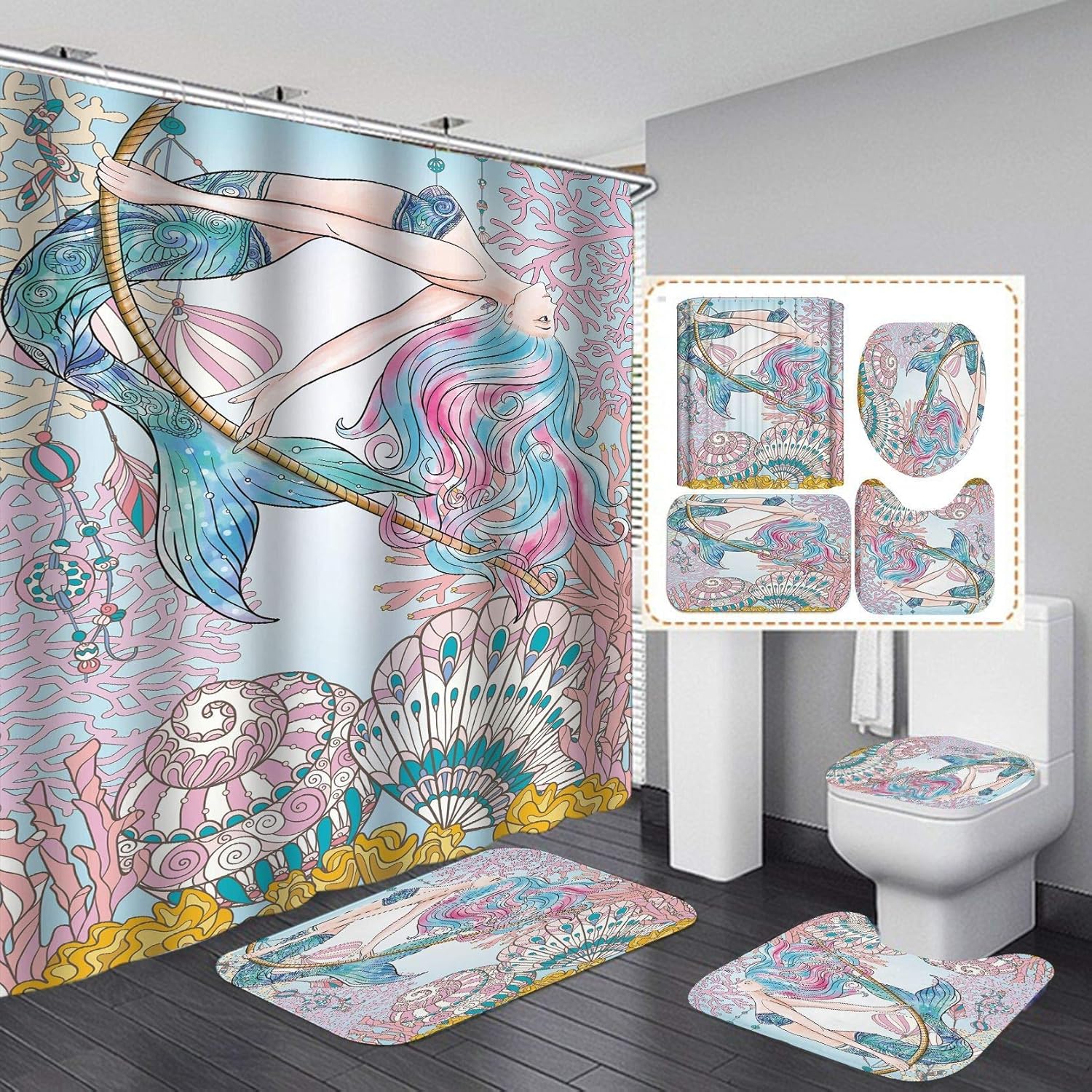 4 PCS Mermaid Sea Shower Curtain Sets with NonSlip Rugs