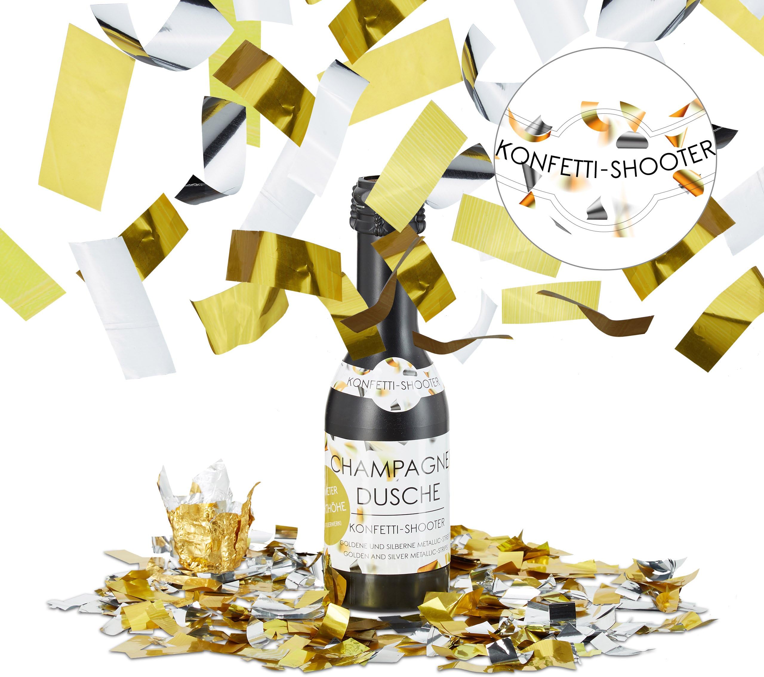 Relaxdays Confetti Shooter, Champagne Bottle Party Popper for Weddings, Birthdays, Bottle Confetti Cannon, 31 cm Silver/Gold