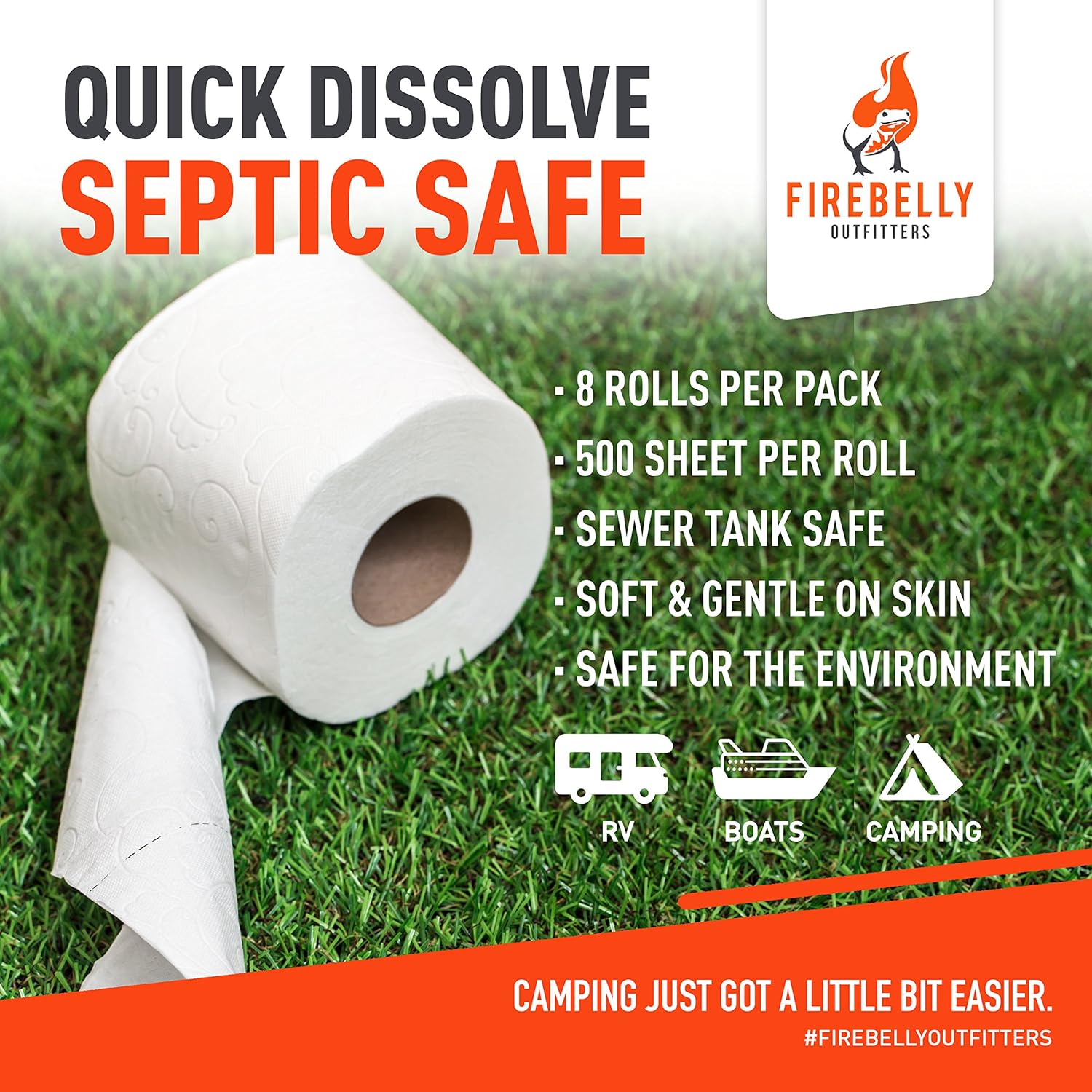 Firebelly Outfitters RV Toilet Paper, Septic Tank Safe - 8 Rolls, 2-Ply 500 Sheets - Fast Dissolve Bath Tissue for Camping, Marine, RV Holding Tanks, Reduces Camper Sewer System Clogs, Biodegradable: Sports & Outdoors