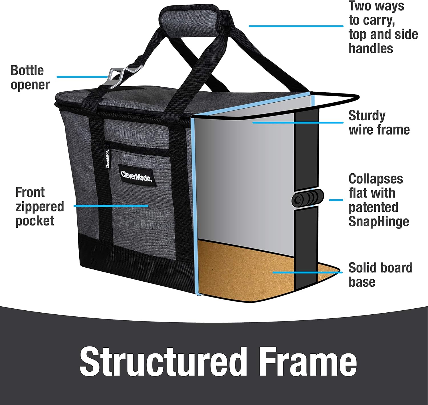 CleverMade Collapsible Cooler Bag: Insulated Leakproof 50 Can Soft Sided Portable Cooler Bag for Lunch, Grocery Shopping, Camping and Road Trips, Heather Grey/Black: Home Improvement