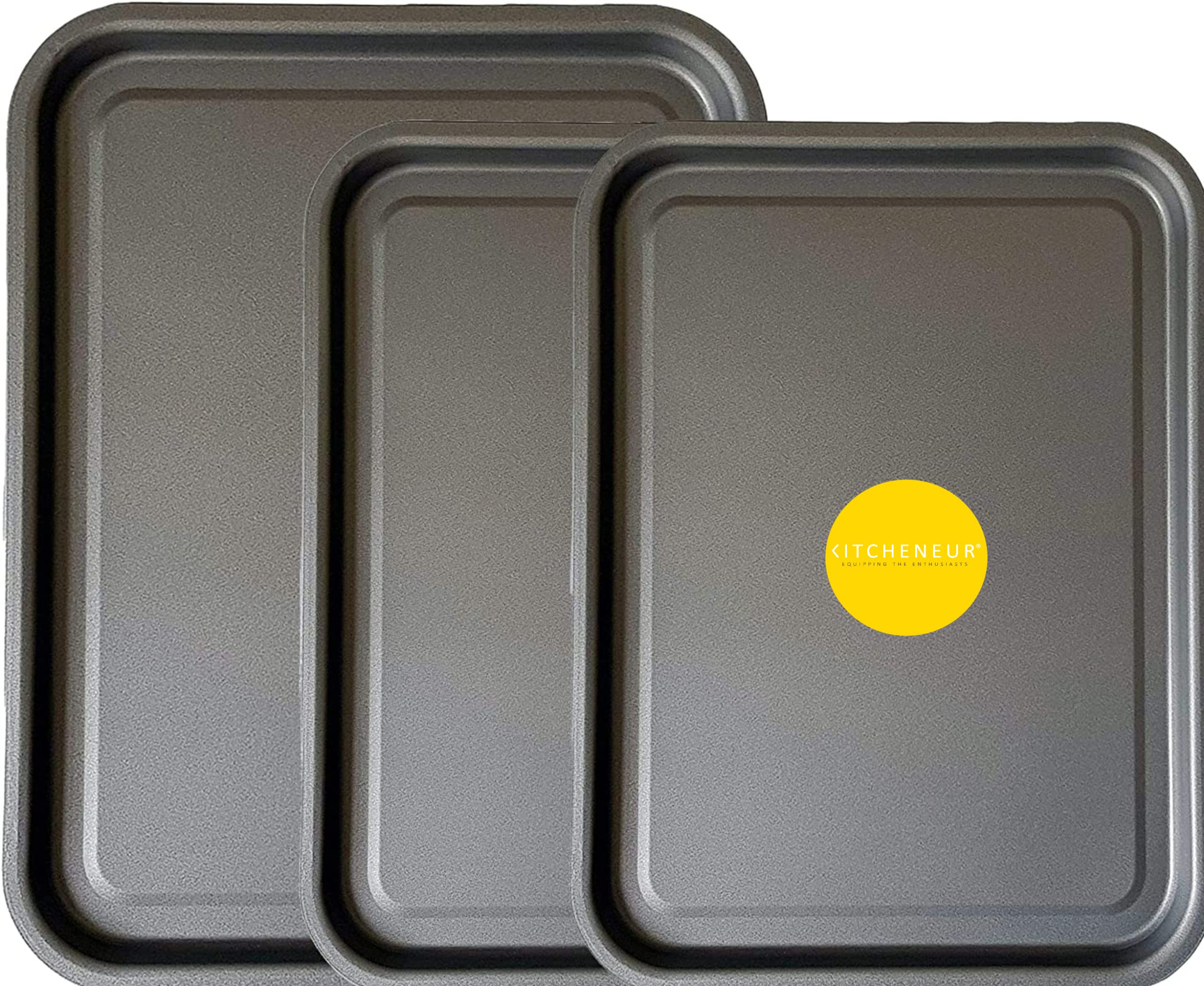 3-Pack - Essentials 38cm & 2X 35cm Baking Tray Set, Non-Stick Oven Trays Easy Clean & Dishwasher Safe - Multi-Pack Bakeware for Roasting Trays, Baking & Cooking KITCHENEUR®