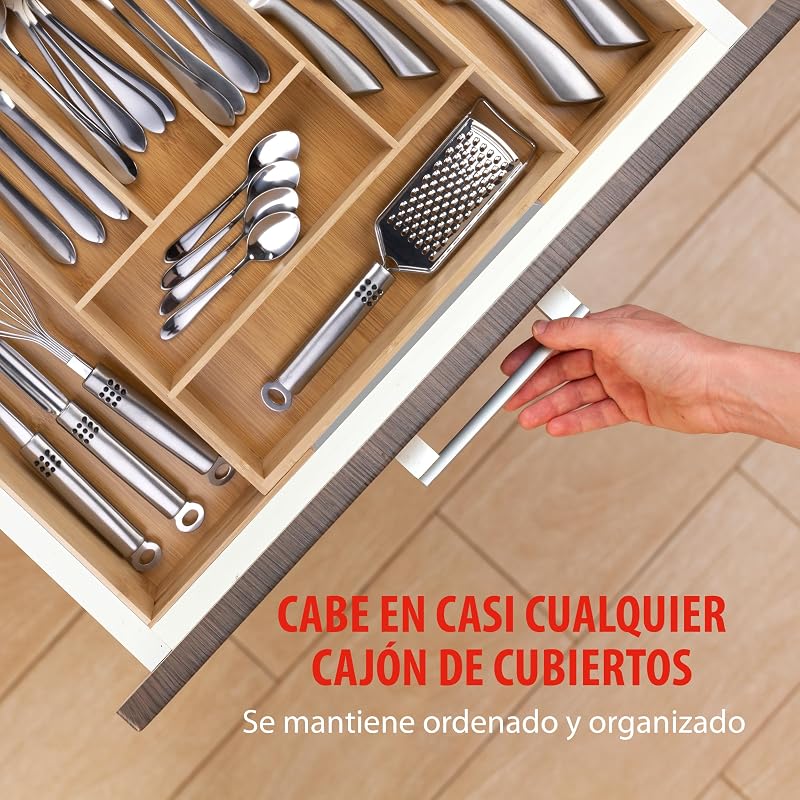 Organizador de gavetas - Talheres de gaveta de cozinha extensíveis 46x34-56,5x6 cm - Caixa organizadora de utensílios até 8 compartimentos - Para utensílios de cozinha, óculos de sol e mais - Bambu