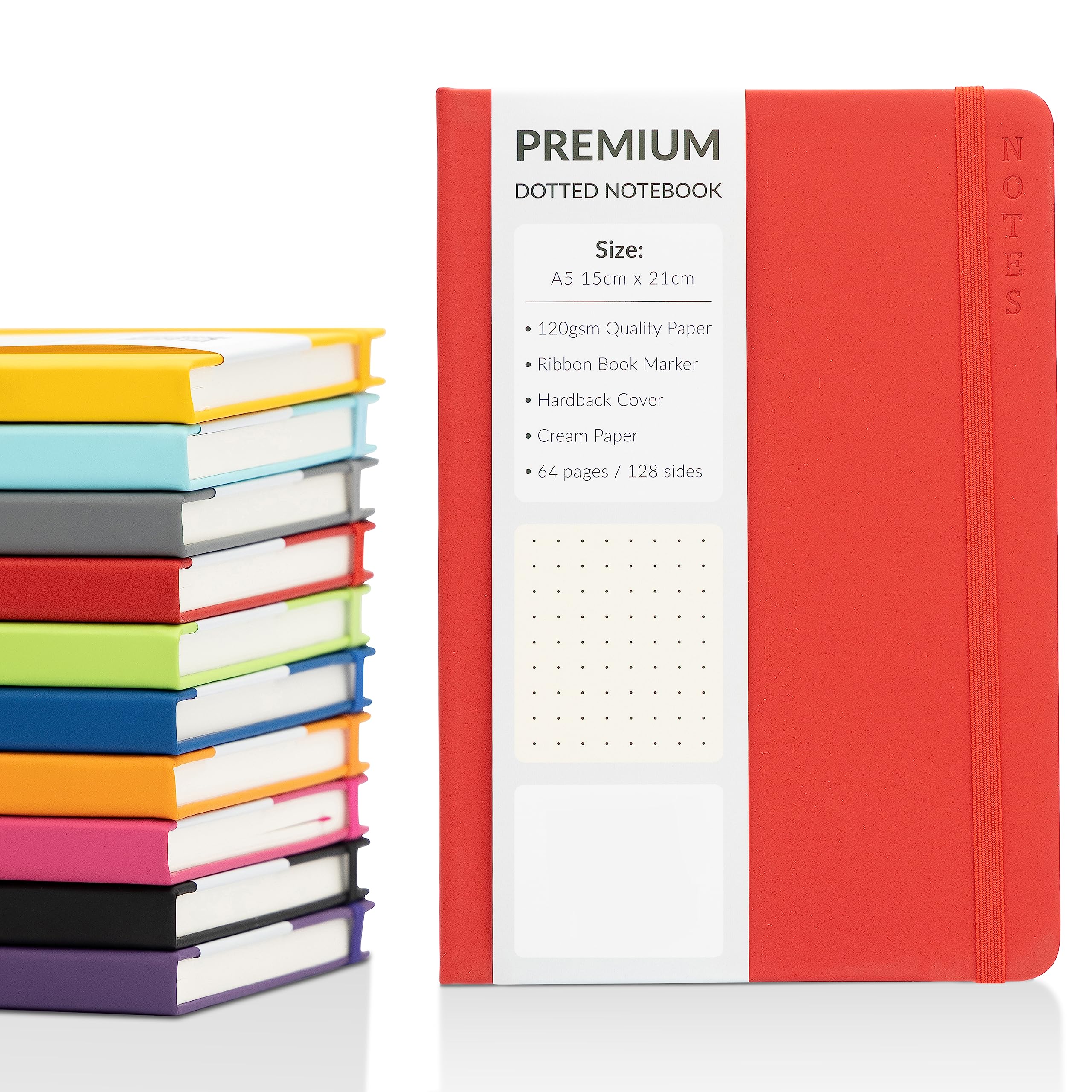 evelay Bullet Journal A5 Dotted Notebook with Faux Leather Hardback Cover and Premium 120gsm Thick Dot Grid Paper (128 Cream Pages, Red)