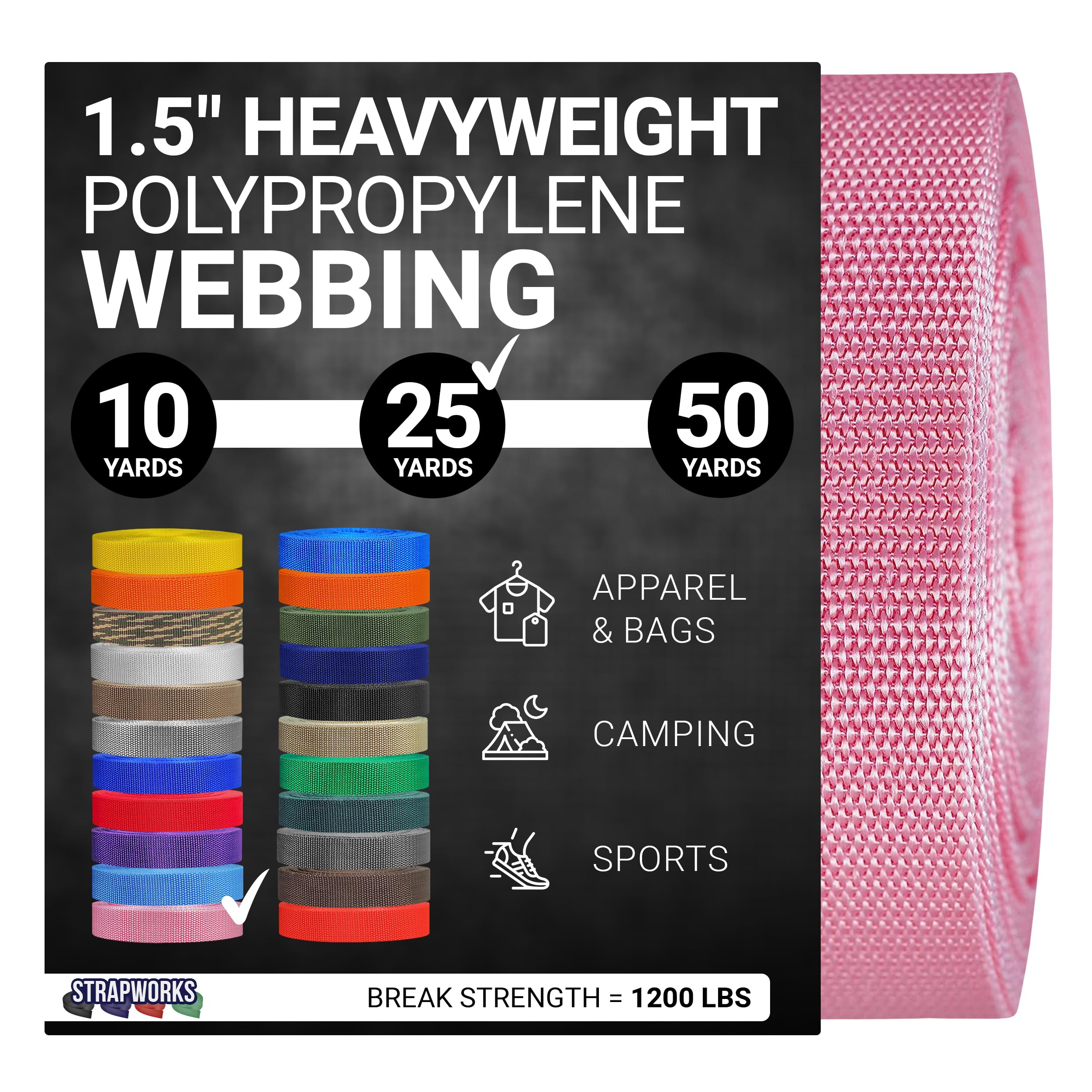 Strapworks Heavyweight Polypropylene Webbing - Heavy Duty Poly Strapping for Outdoor DIY Gear Repair, 1.5 Inch x 25 Yards, Pink