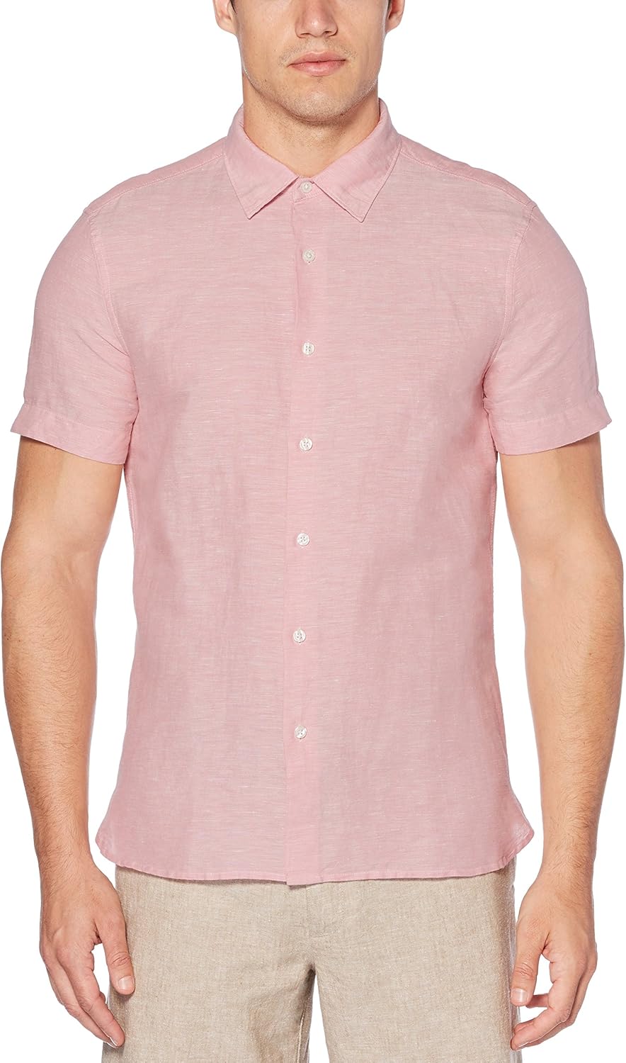 Perry Ellis Men's Short Sleeve Solid Linen Cotton Button-up Shirt at  Men’s Clothing store