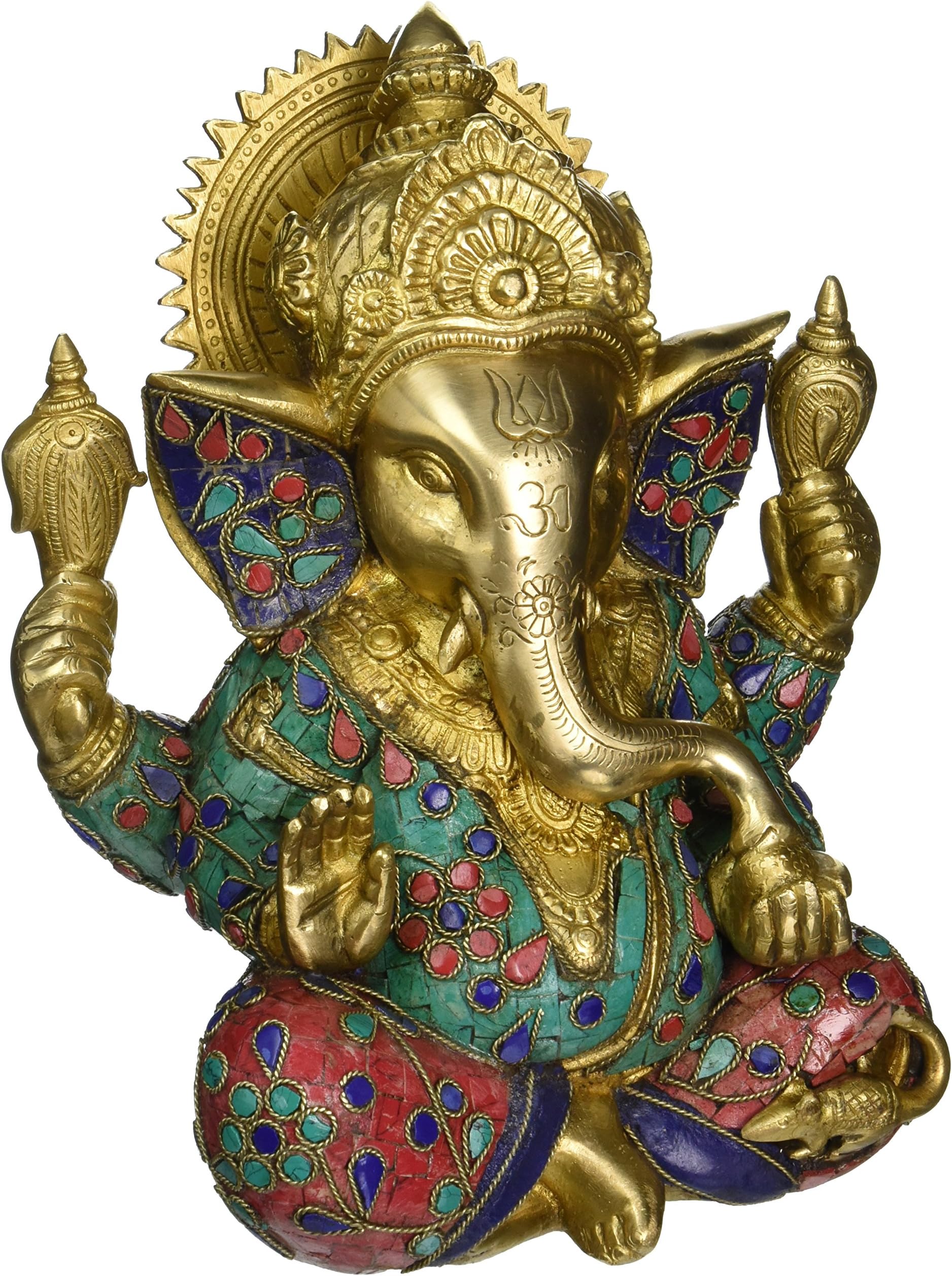 AapnoCraft Large Taj Ganesha Idols - Rare Brass Ganesh Statue With Exelent Coral & Gemstone Work Hinduism Decor Wedding Gifts