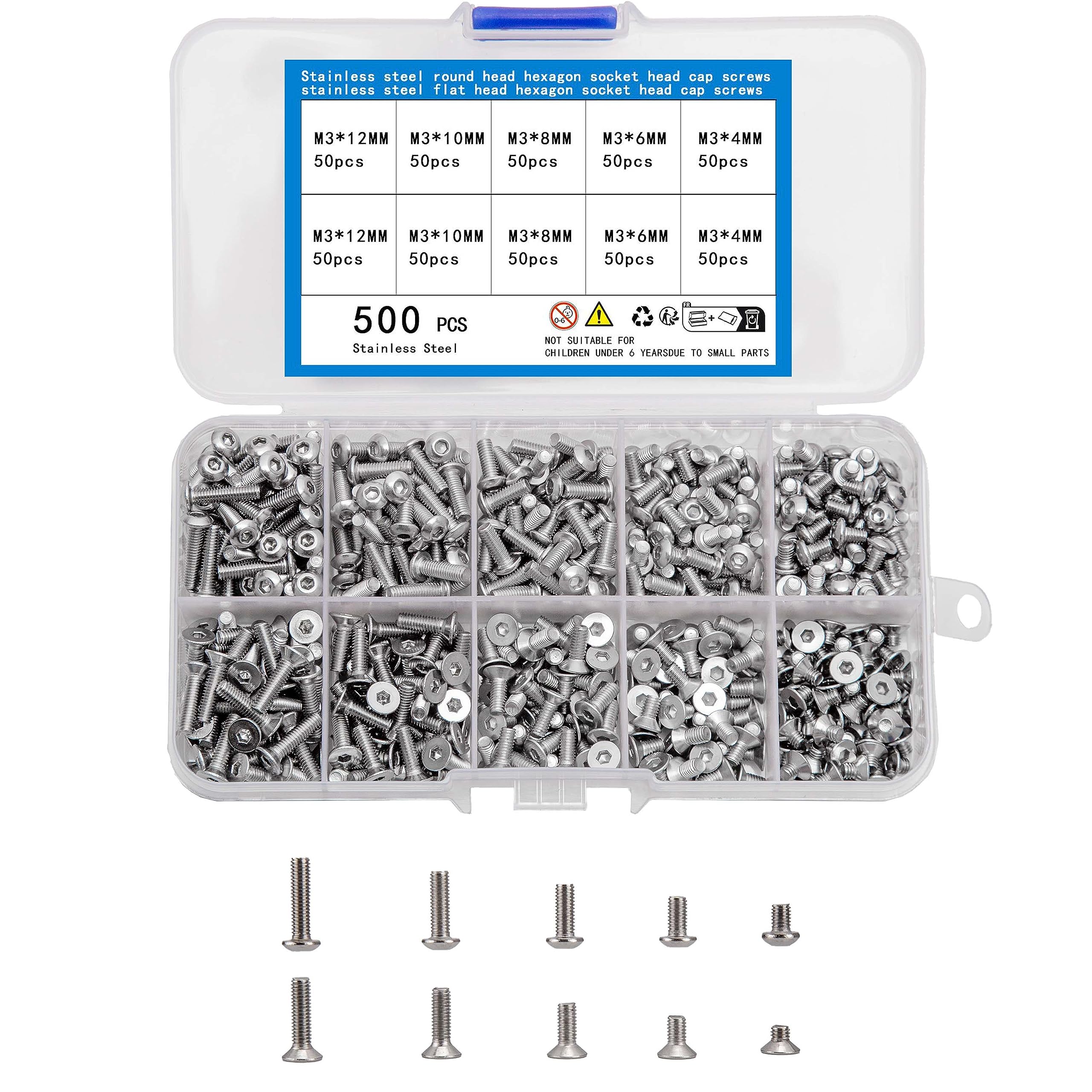 KOXXIAMOQ 500 Pcs M3 Bolts Set, Include 250 Pcs Countersunk Flat Hex Socket Button Head Screws, 250 Pcs Round Machine Pan Hex Socket Head Cap Screws